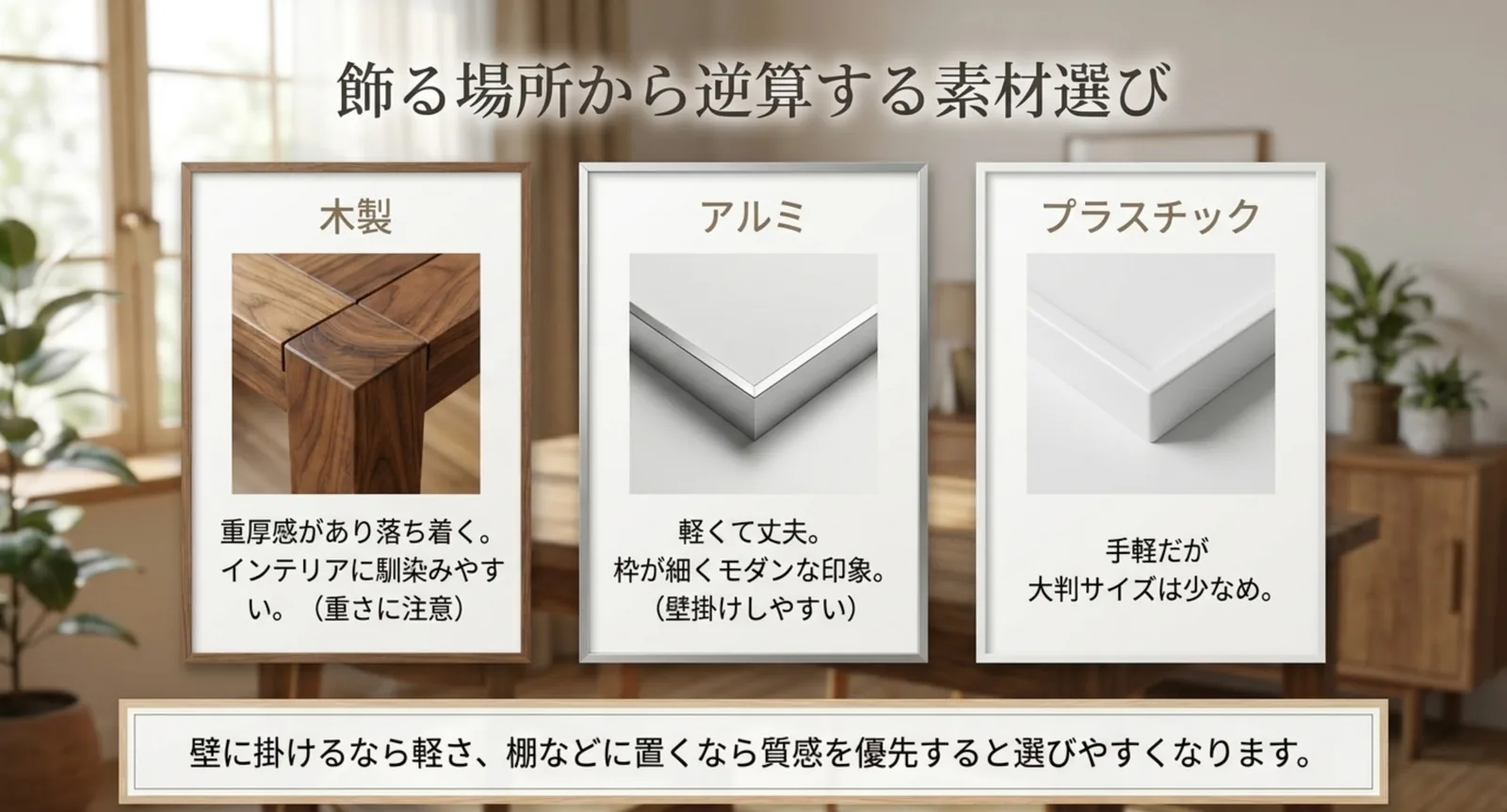 木製・アルミ・プラスチックの3種類のフレームの特徴を並べて比べた図