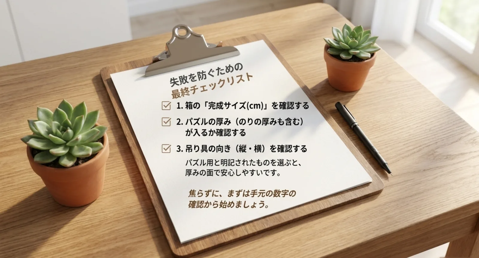 完成サイズ・パズルの厚み・吊り具の向きを確認する3項目のチェックリスト