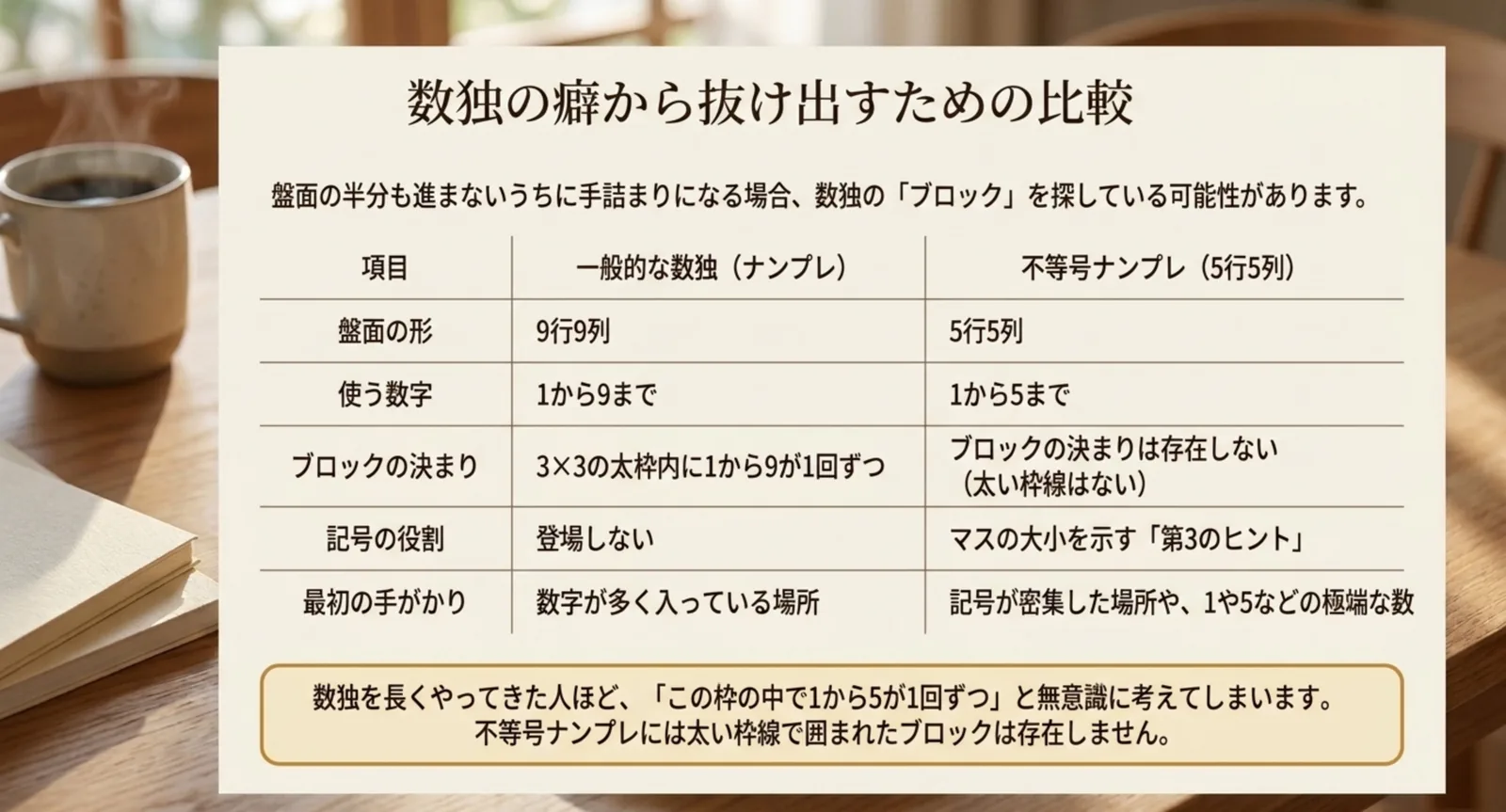 盤面の形・使う数字・ブロックの決まり・記号の役割・最初の手がかりで数独と5行5列の不等号ナンプレを比べた表