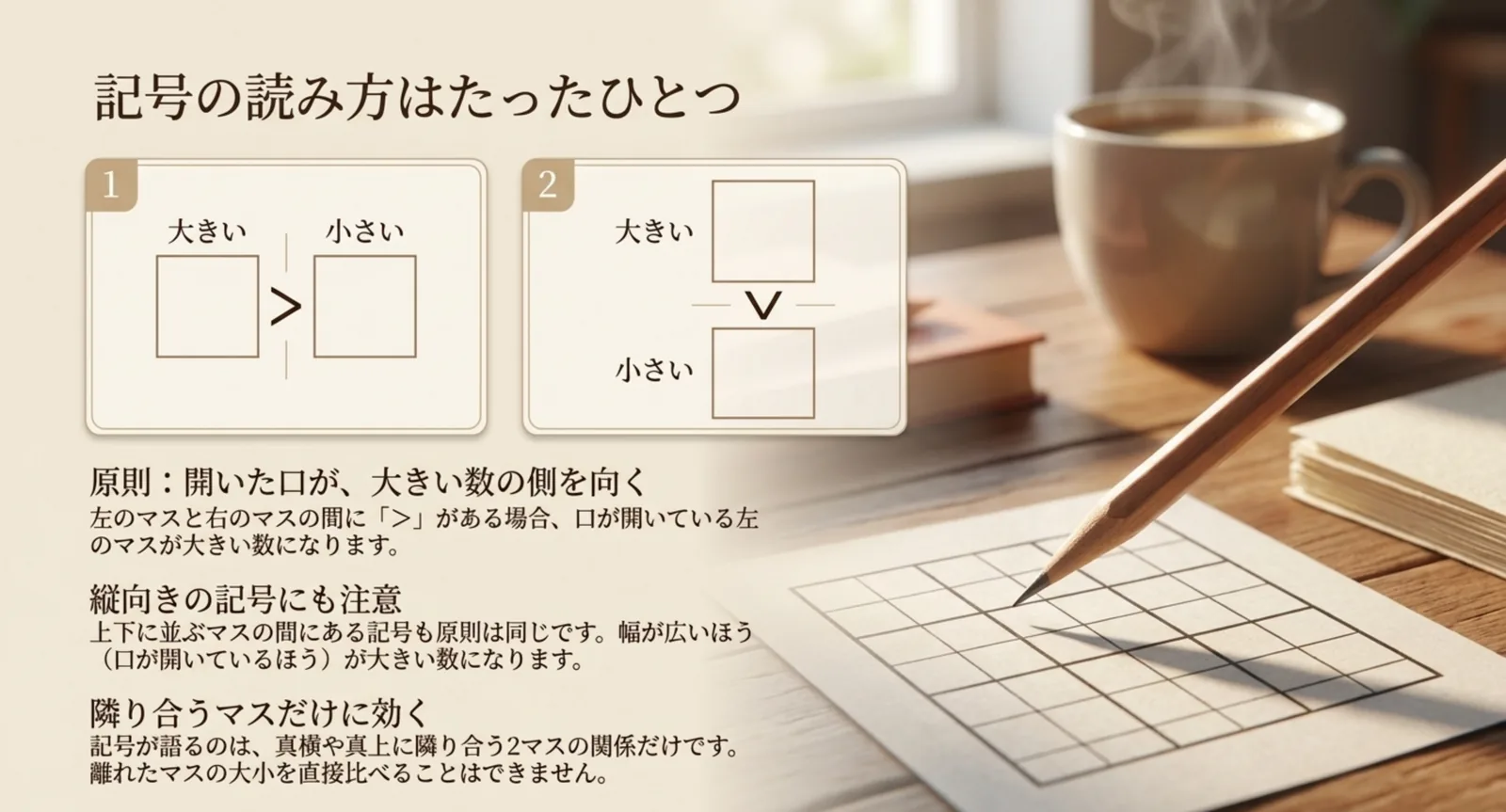 横向きと縦向きの不等号で、開いた口の側が大きい数になることを示した図