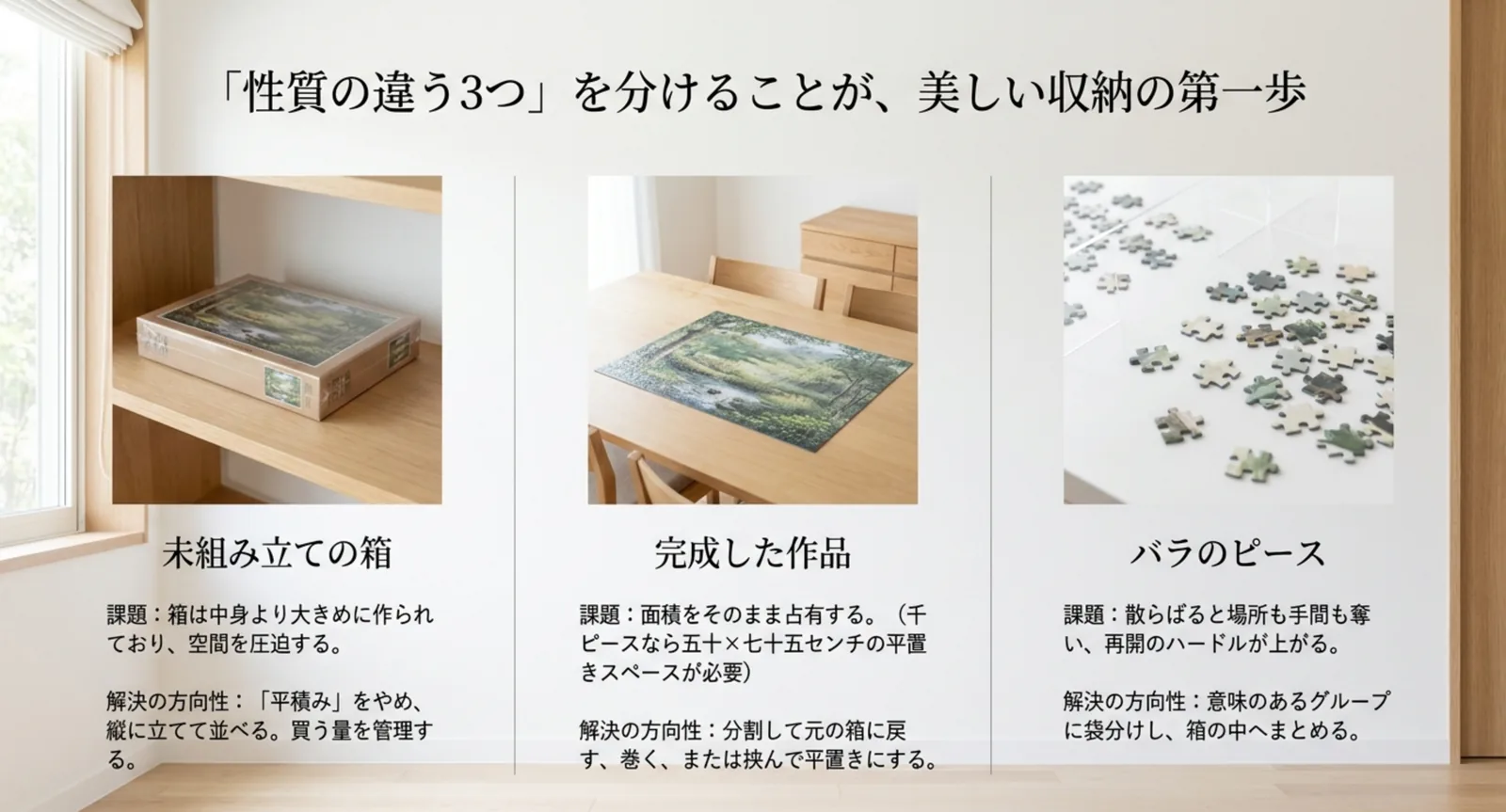 未組み立ての箱・完成した作品・バラのピースについて、かさばる理由と解決の方向性を並べた図