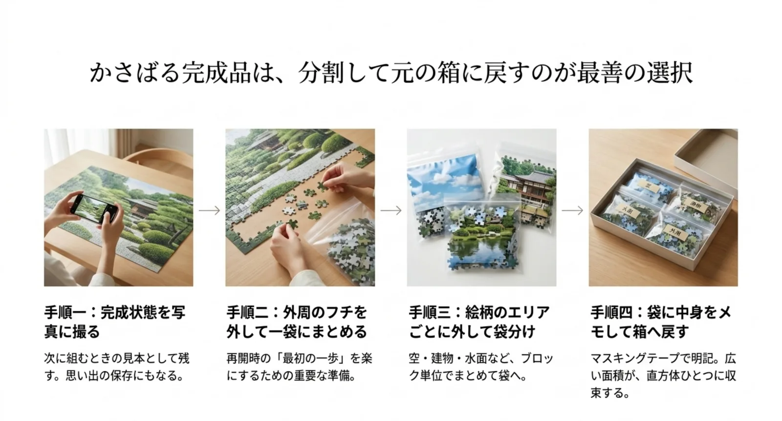 写真を撮る、外周のフチを外す、エリアごとに袋分けする、袋にメモして箱へ戻すという手順を並べた図