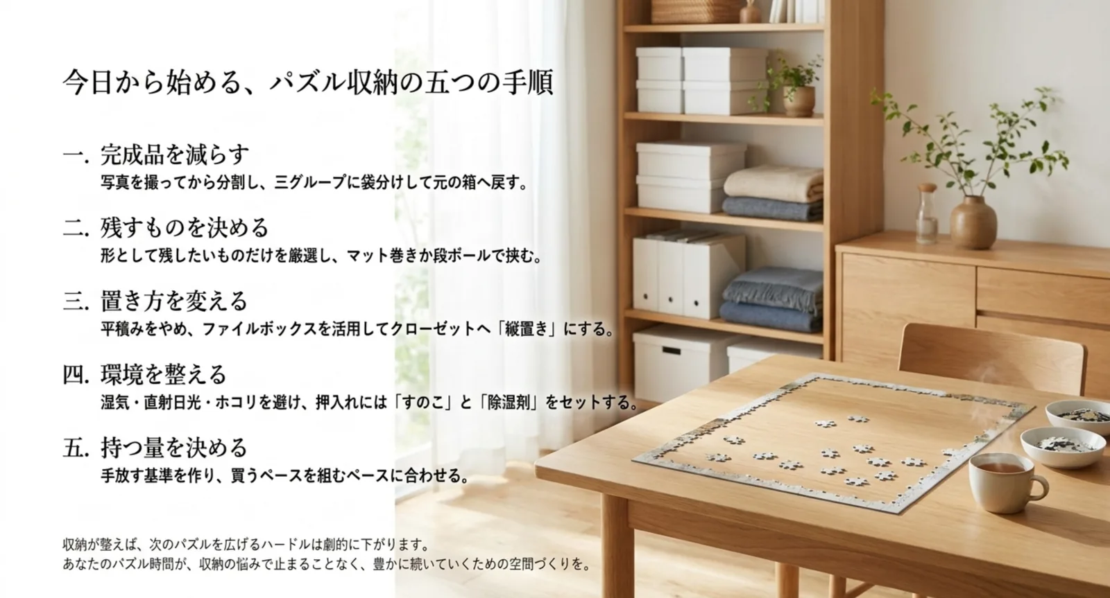 完成品を減らす、残すものを決める、置き方を変える、環境を整える、持つ量を決めるという5段階を並べた図