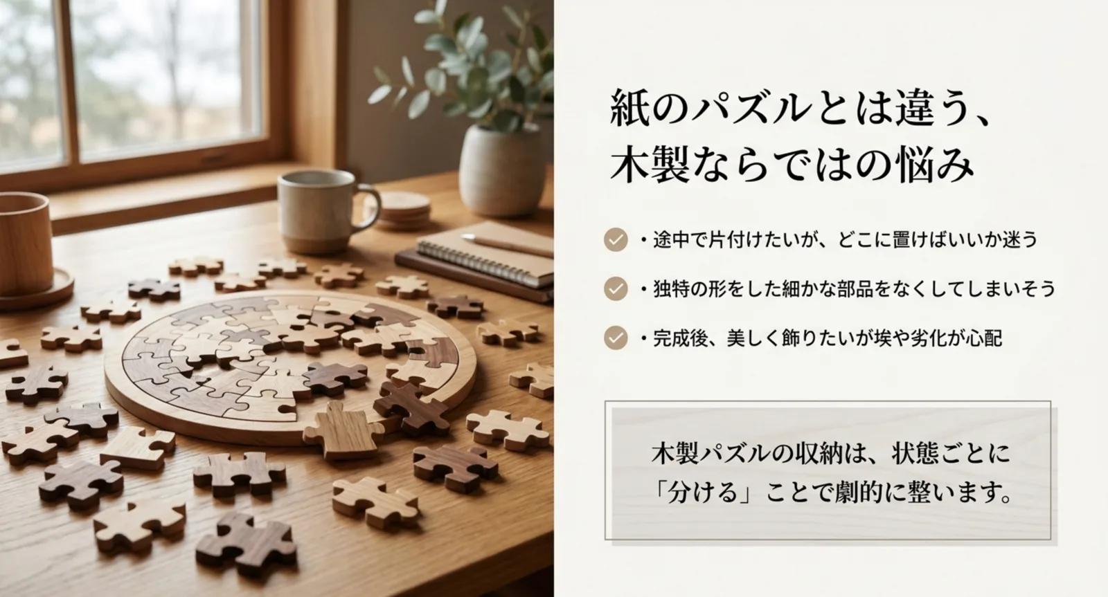 紙のパズルと違う木製パズルの収納の悩みと状態別に分ける考え方の図