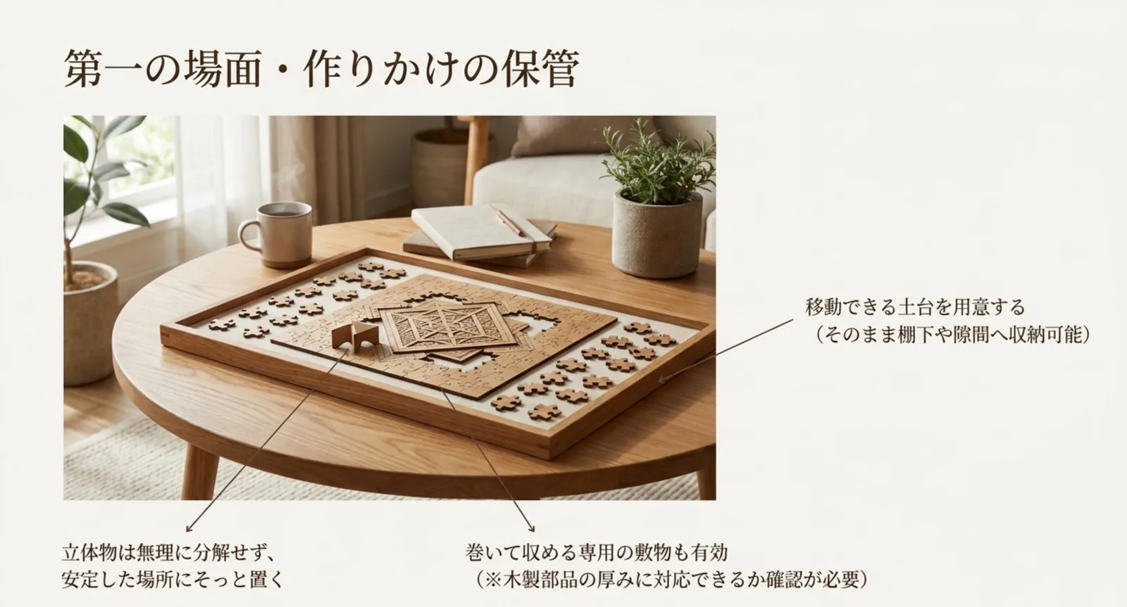 作りかけの木製パズルをトレーや土台ごと崩さず保管する方法の図