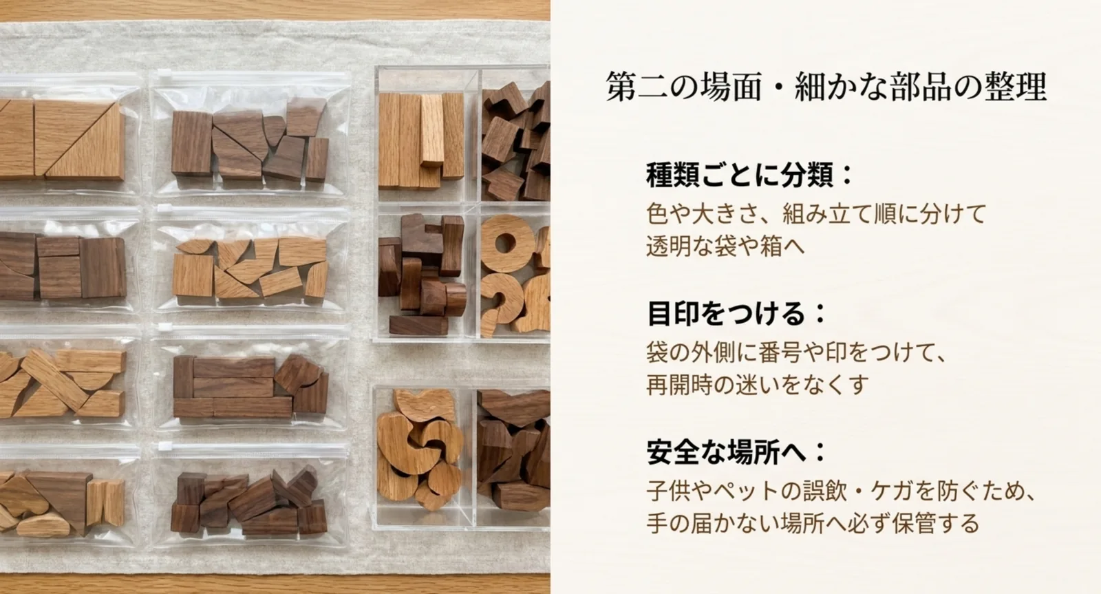 木製パズルの部品を種類ごとに袋や箱へ分けて紛失を防ぐ整理の図