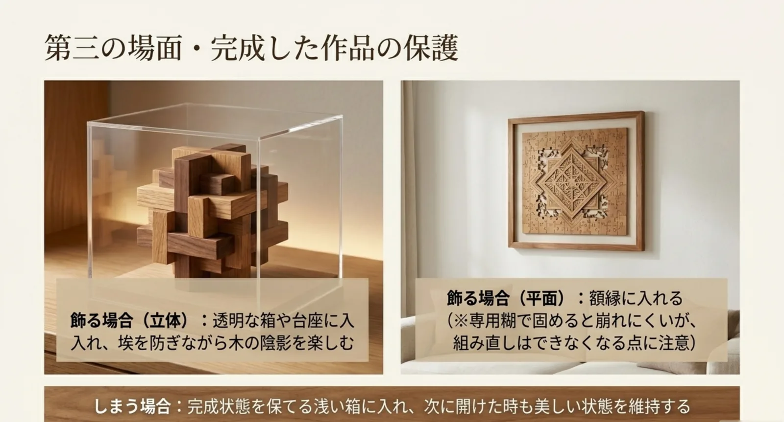 完成した立体・平面の木製パズルをケースや額縁で保護して飾る方法の図