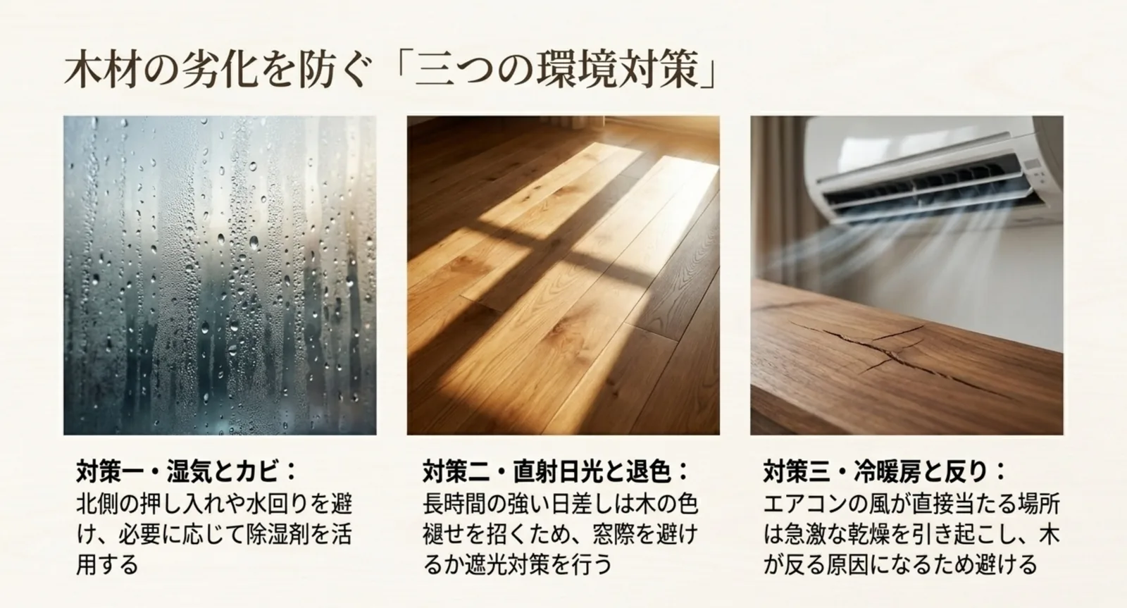 湿気とカビ・直射日光の退色・冷暖房の反りという木材3つの環境対策の図