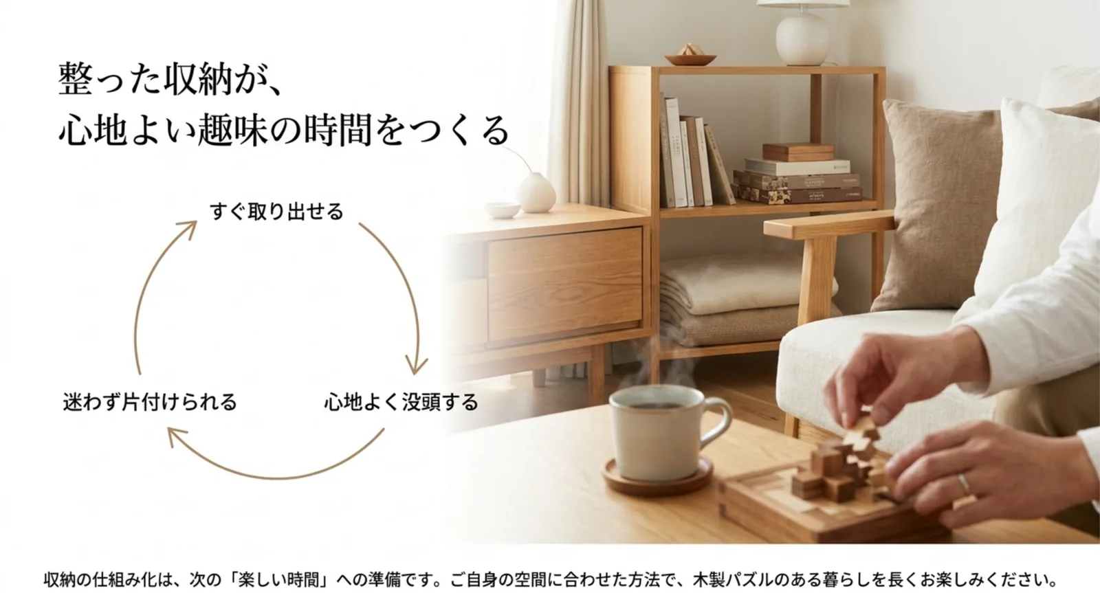 収納を整えることで木製パズルの趣味を続けやすくなる循環を示した図