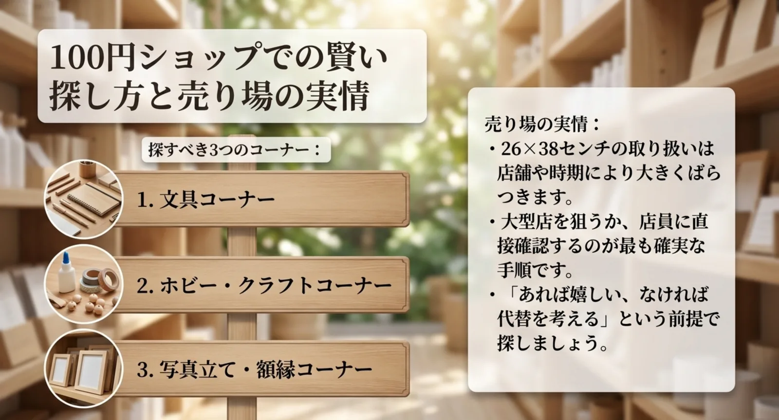 文具・ホビー・額縁コーナーなど100均での売り場と探し方の図