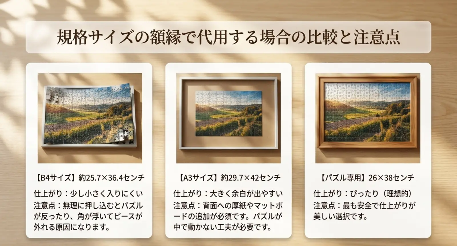 B4は小さくA3は余白が出る規格フレーム代用時のサイズ比較の図
