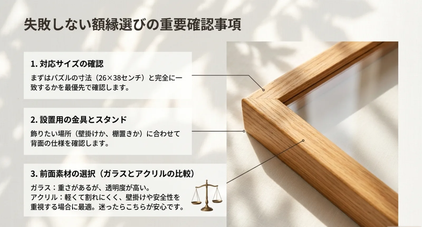 対応サイズ・設置金具・前面素材という額縁選びの確認事項の図
