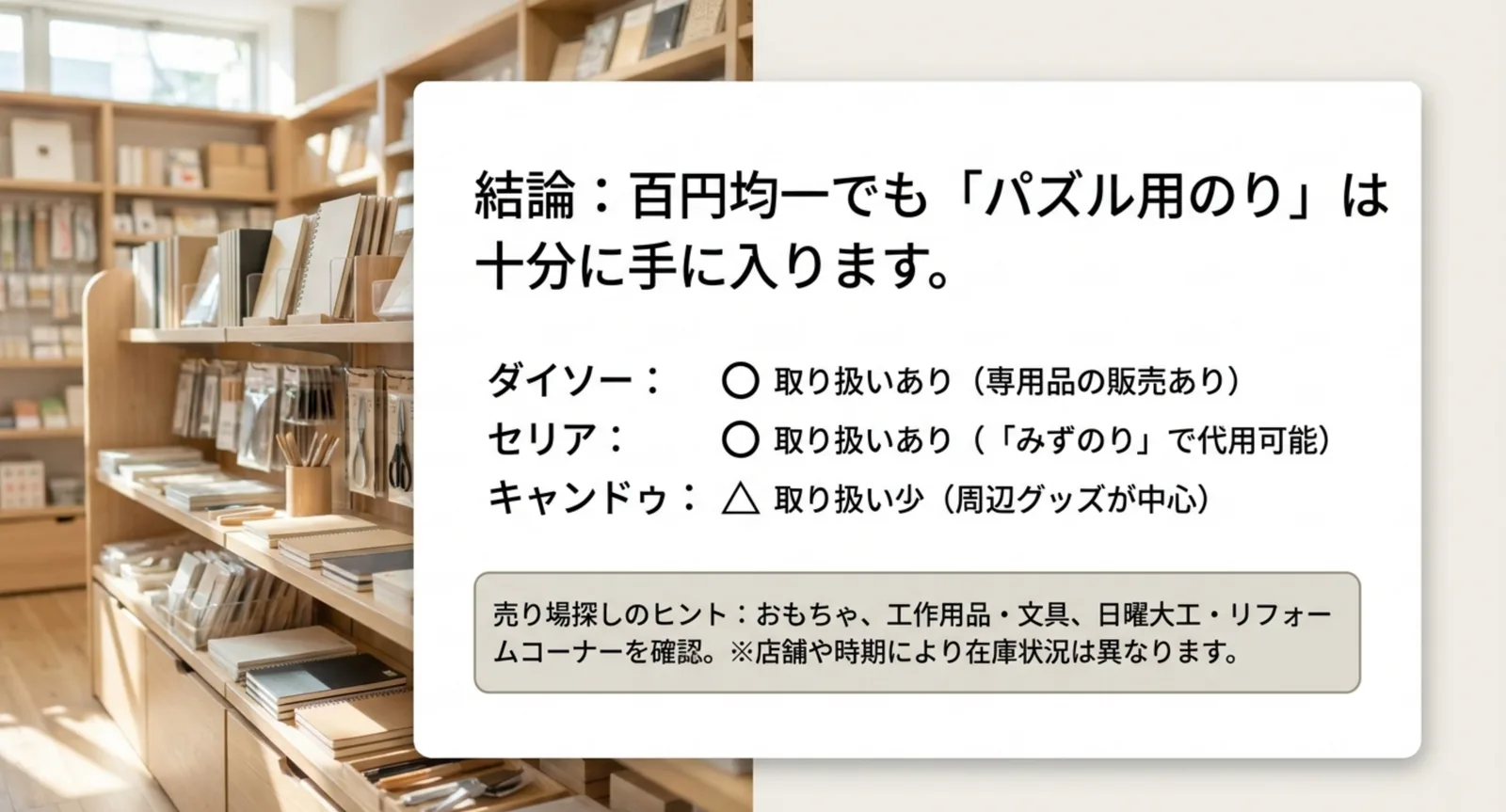 ダイソー・セリア・キャンドゥでパズル用ののりが買えるかを比較したスライド