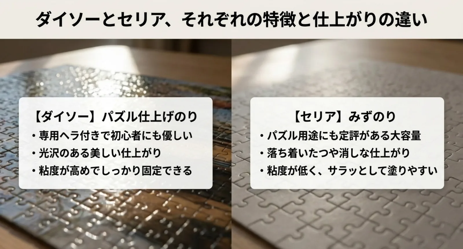ダイソーの光沢仕上げとセリアのつや消し仕上げなど仕上がりの違いを示したイメージ図