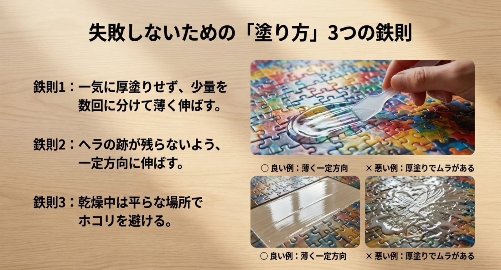 薄く数回・一定方向・平らな場所で乾燥という、のりを塗るときの3つのコツを示したスライド