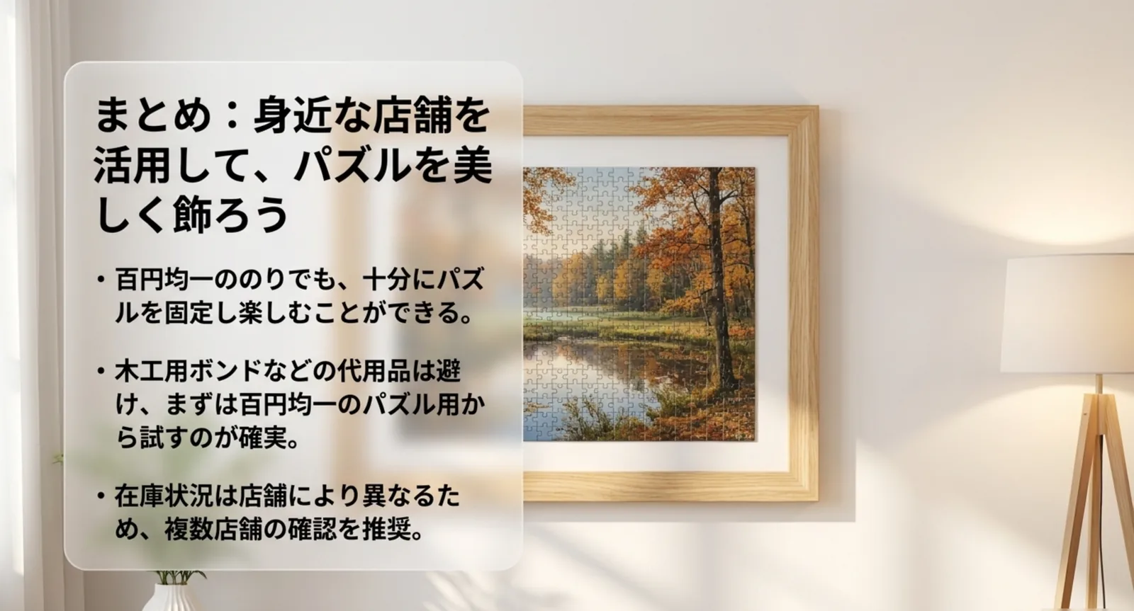 100均ののりでも十分パズルを固定でき、こだわるなら専用品という要点をまとめたスライド