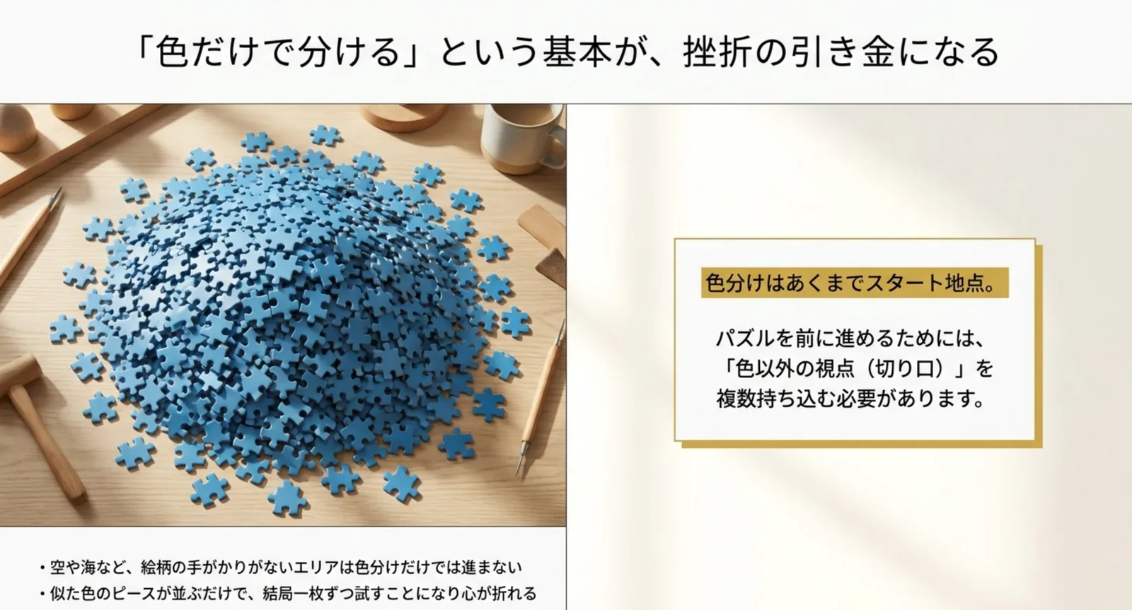 同じ色のピースは色で分けるだけでは絞り込めず別の視点が必要だと説明したスライド