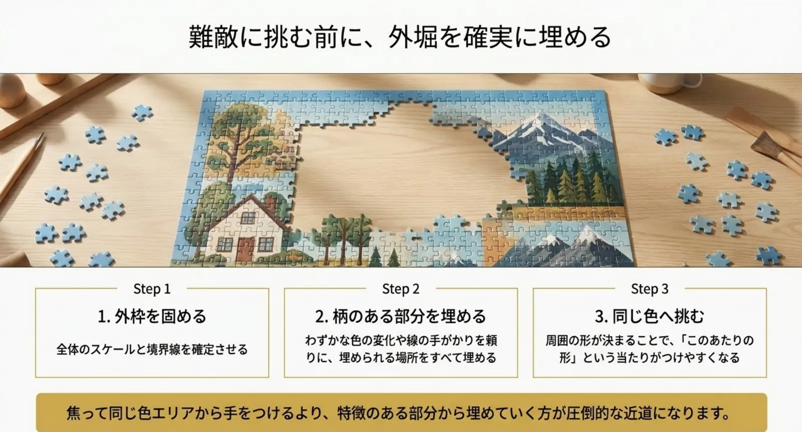 外枠を固めてから柄のある部分、最後に同じ色エリアに取り組む進め方を示したイメージ図