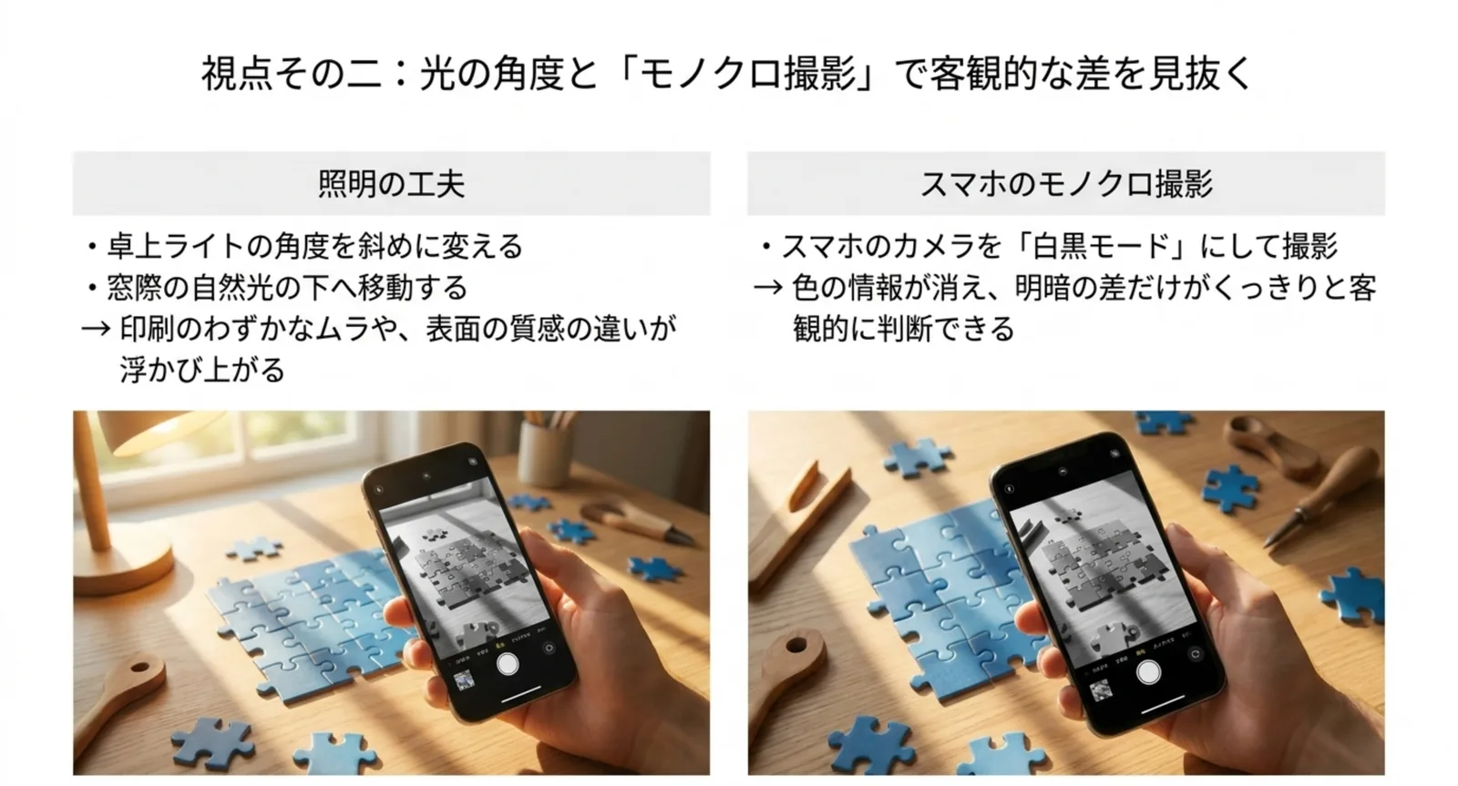 照明の角度を変える方法とスマホのモノクロ撮影で濃淡を客観的に見分ける方法を示したスライド
