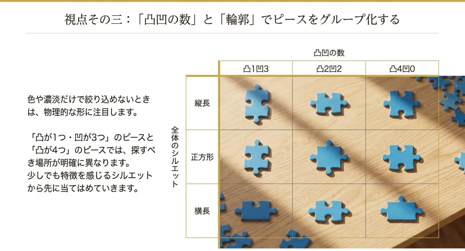 ピースの凸凹の数や輪郭の形でグループ分けして探す範囲を絞る方法を示したスライド