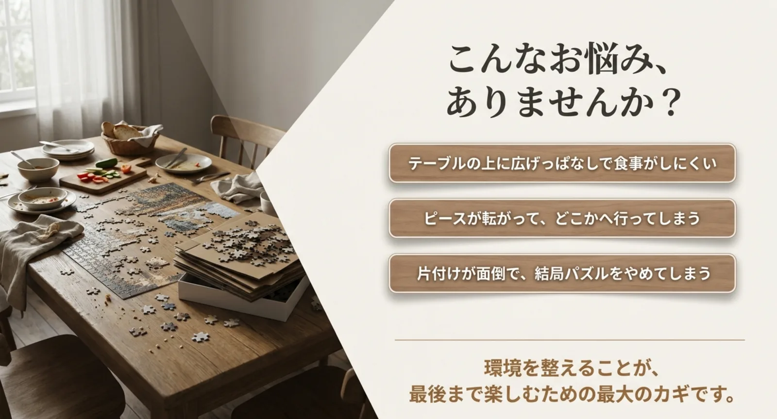 テーブルの占領やピースの紛失など、パズル作業で起こりがちな悩みを示したスライド