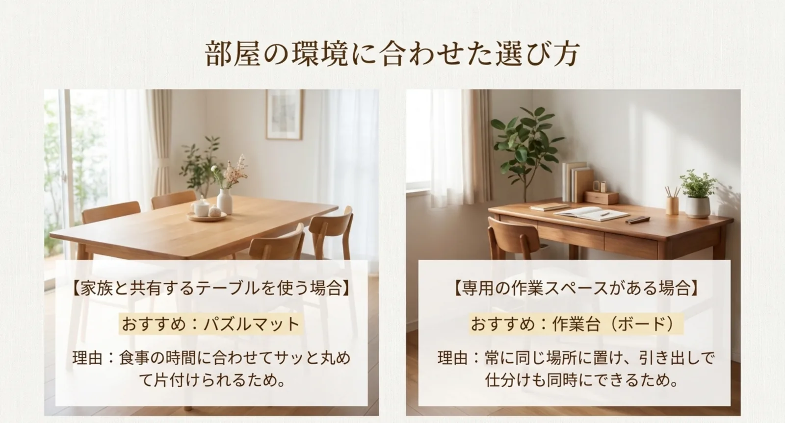 家族と共有するテーブルならマット、専用スペースがあるなら作業台という選び分けを示したスライド