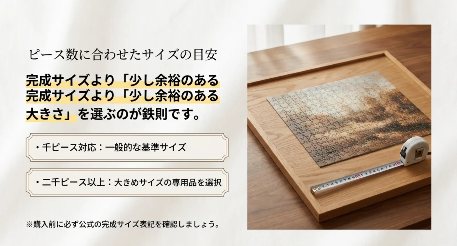 完成サイズより少し余裕のある大きさを選ぶという、ピース数別のサイズの目安を示したスライド