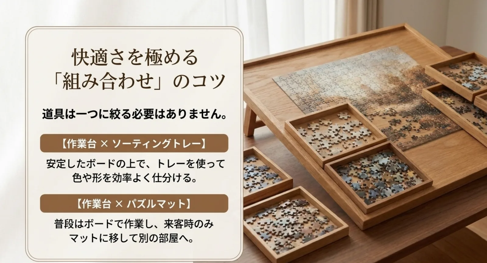 作業台にソーティングトレーを組み合わせるなど、道具を併用して快適にするコツを示したスライド