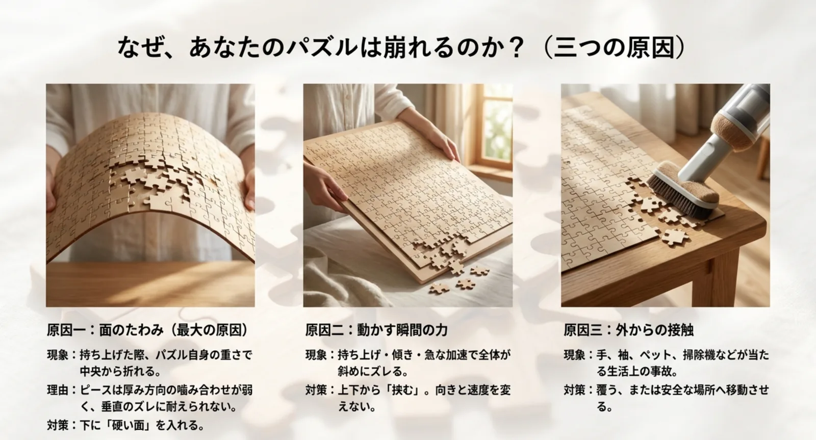 面のたわみ、動かす瞬間の力、外からの接触という3つの原因と、それぞれの対策を並べた図