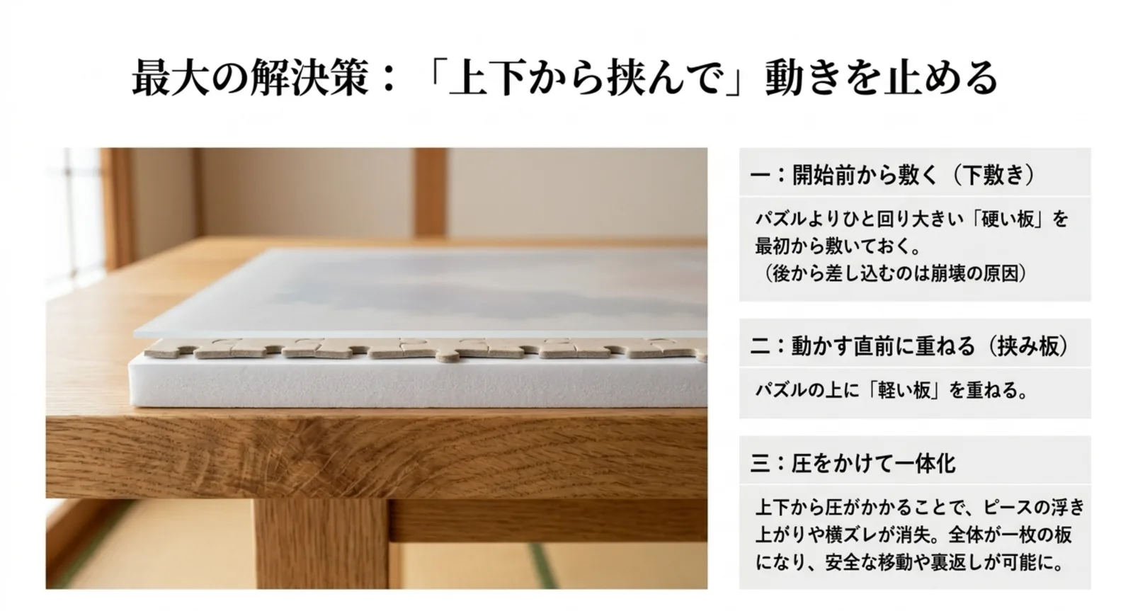 開始前に硬い下敷きを敷き、動かす直前に軽い板を重ね、上下から圧をかけて一体化させる流れを示した図