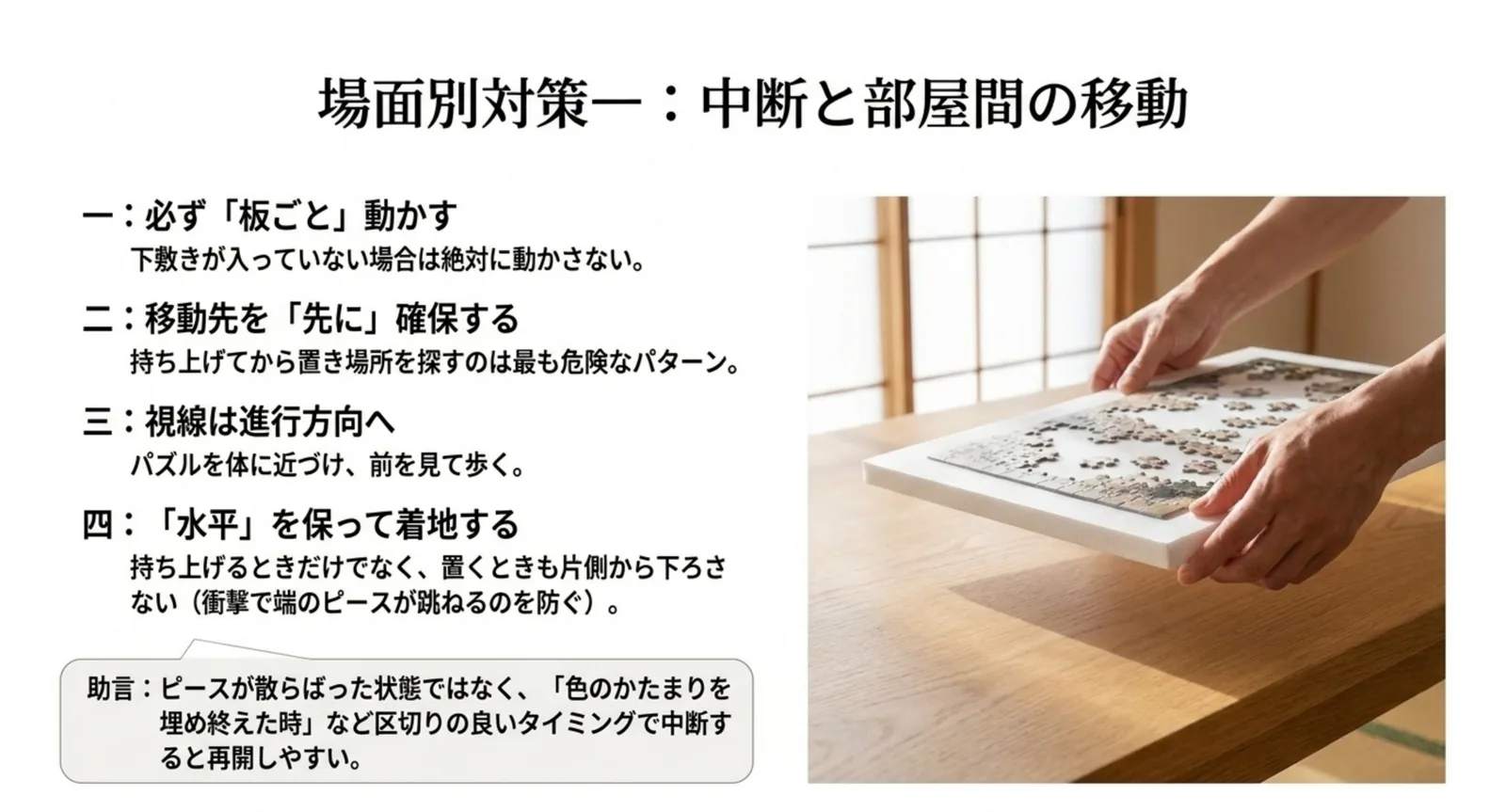 板ごと動かす、移動先を先に確保する、視線は進行方向へ、水平を保って着地するという4点を示した図