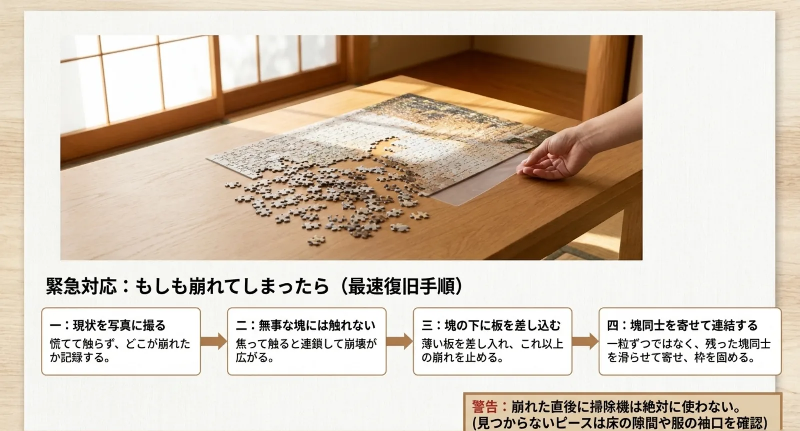 写真を撮る、無事な塊に触れない、塊の下に板を差し込む、塊同士を寄せて連結するという復旧の流れを示した図