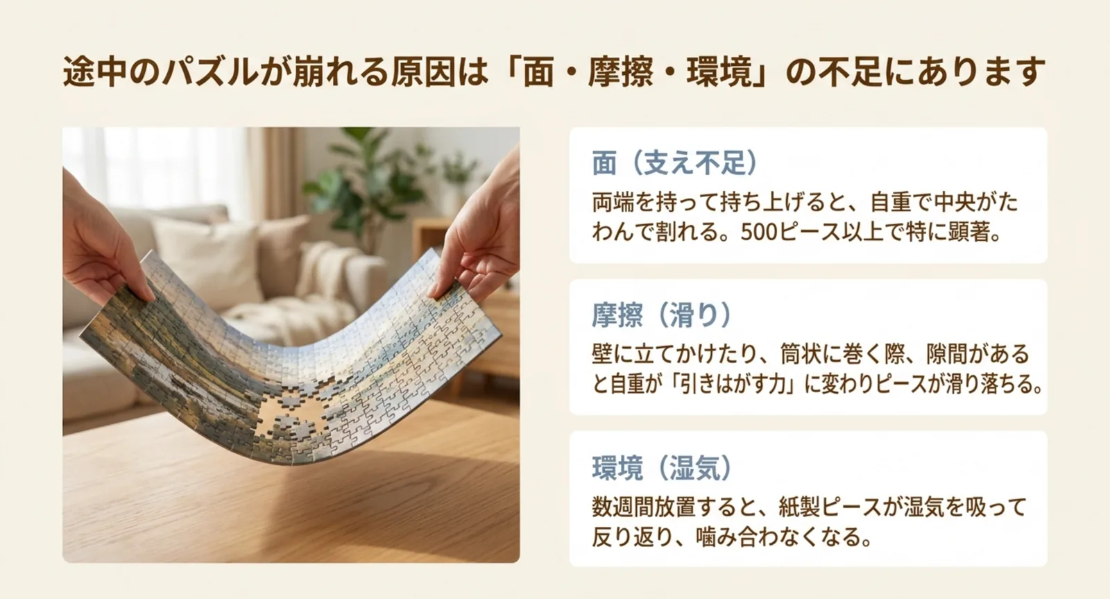途中のパズルが崩れる原因を面の支え不足・摩擦不足・湿気の3つに整理した図