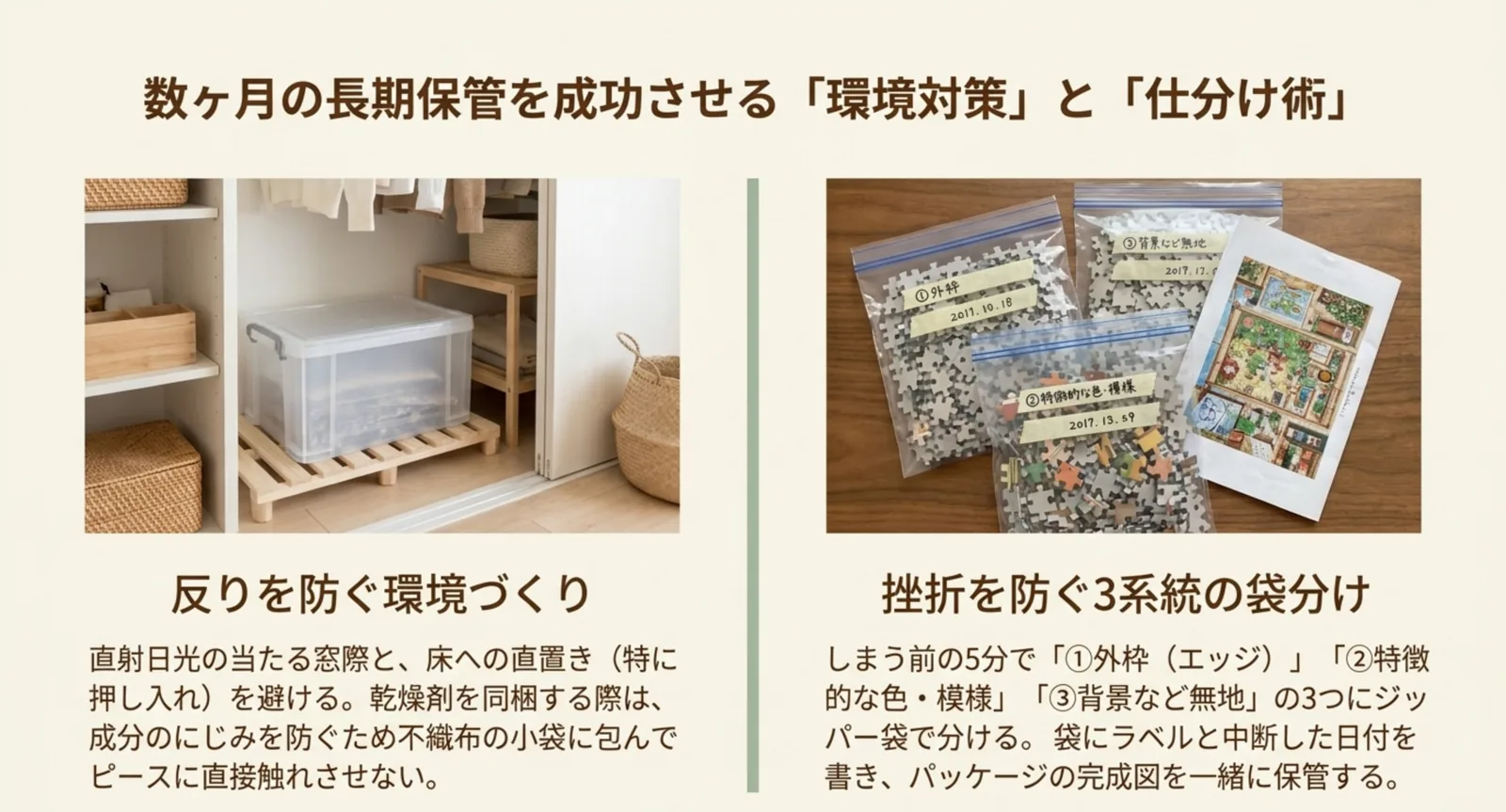 すのこで床から浮かせた保管ケースと、外枠・特徴的な色・背景に分けたピースの袋分け