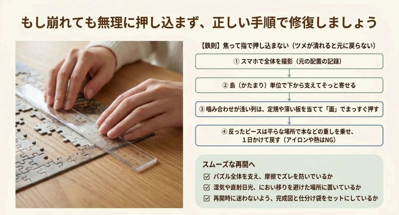 定規を当ててパズルの列を面で押し戻している様子と、修復手順4ステップの図