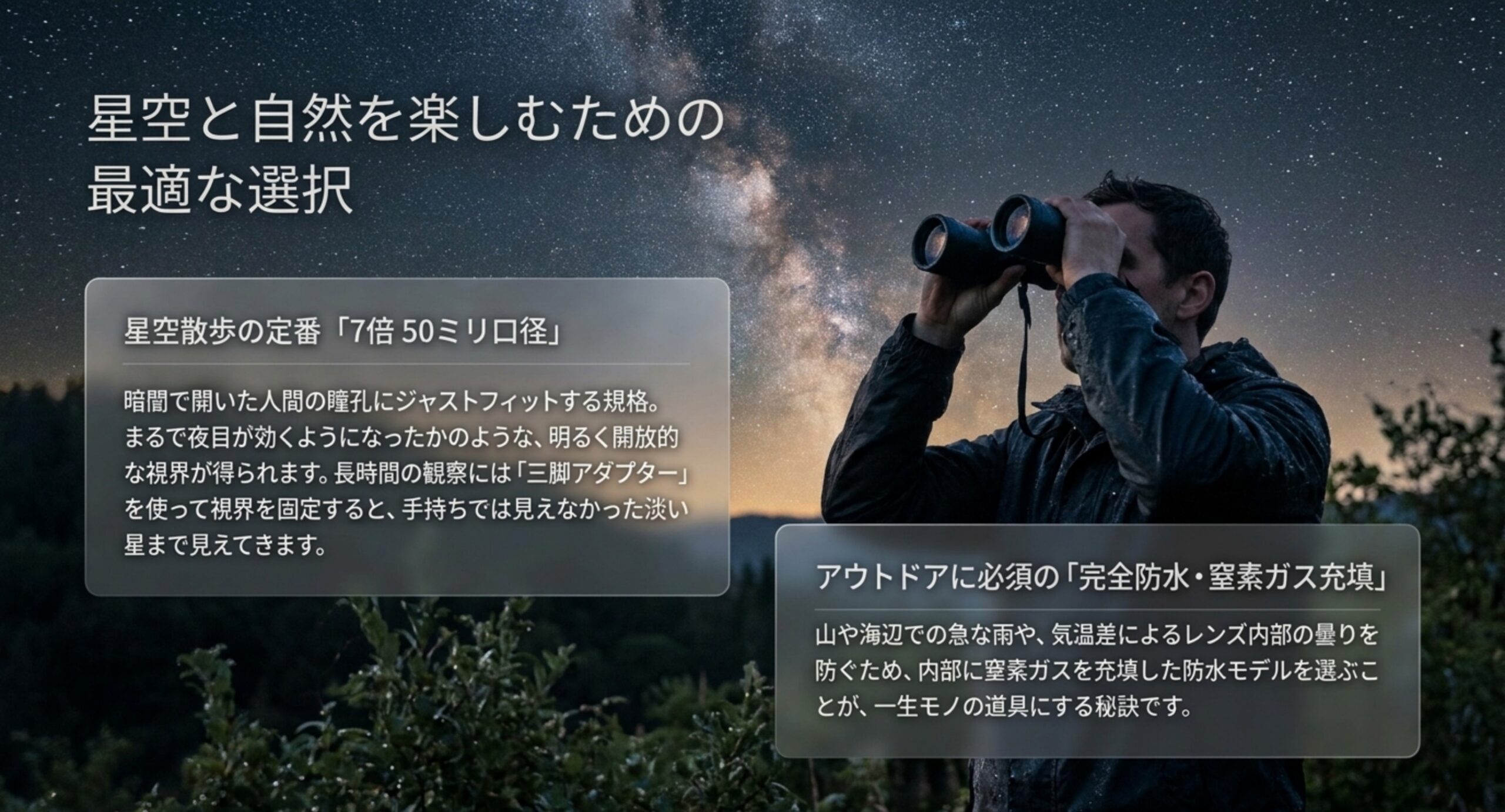 星空観察で定番とされる7倍50ミリ口径の双眼鏡の特徴と、アウトドアで重視したい完全防水や窒素ガス充填を説明したスライド。