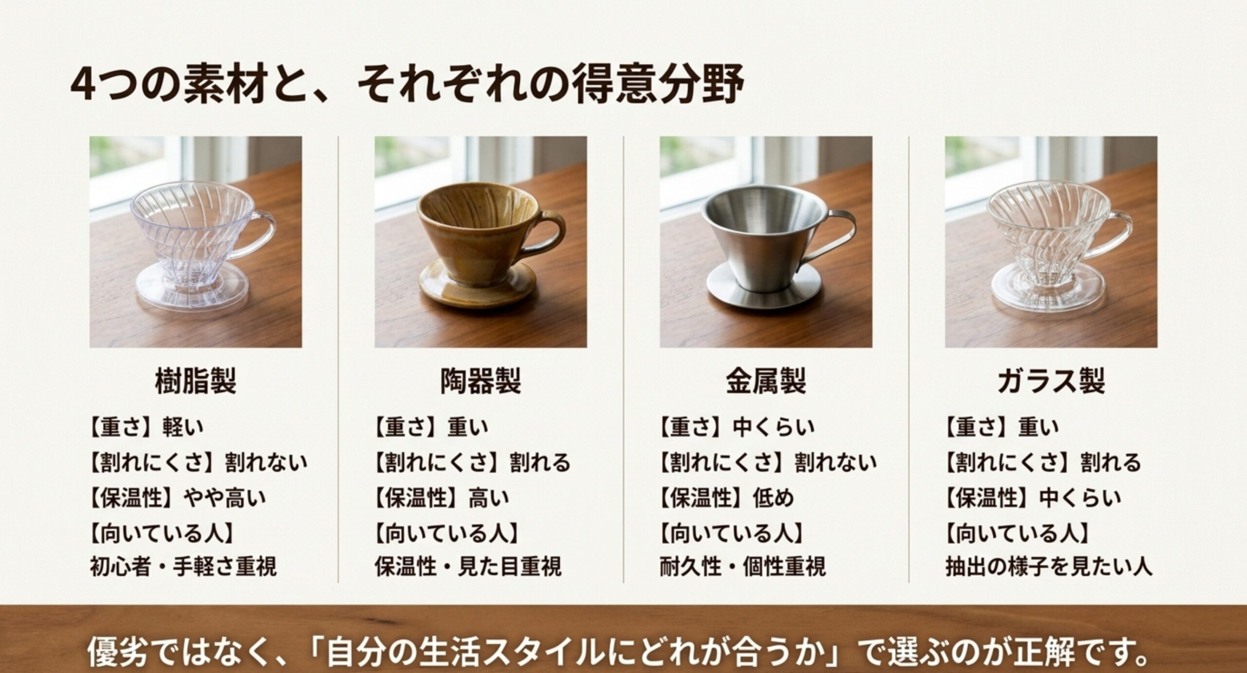 樹脂・陶器・金属・ガラスの4素材について、重さ・割れにくさ・保温性・向いている人を並べて比較した図