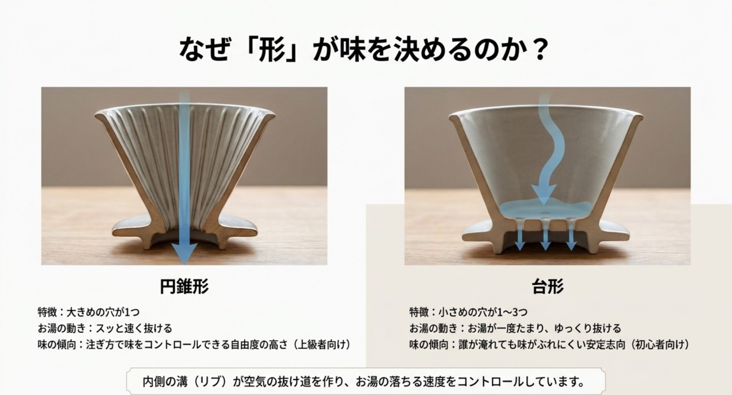 円錐形は湯が速く抜けて自由度が高く、台形は湯が一度たまってゆっくり抜けて安定することを、リブの役割とともに示した図