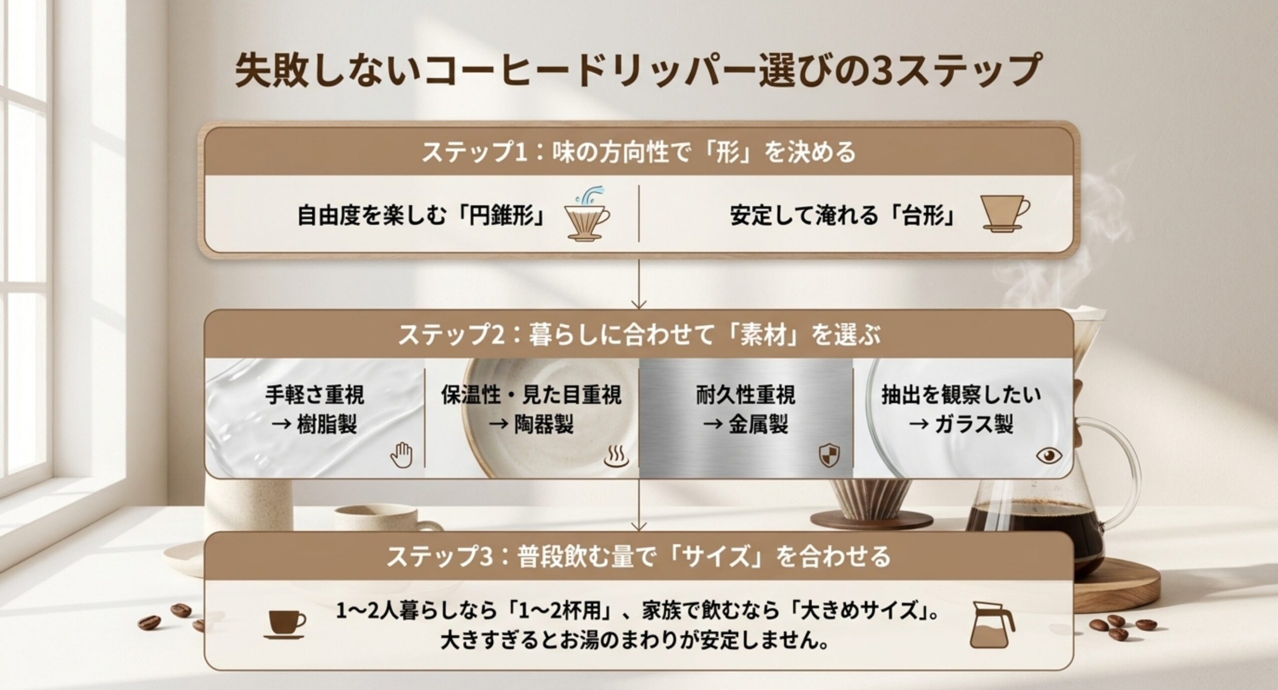 形で味の方向を決め、暮らしに合わせて素材を選び、普段の量でサイズを合わせるという3ステップを示した図