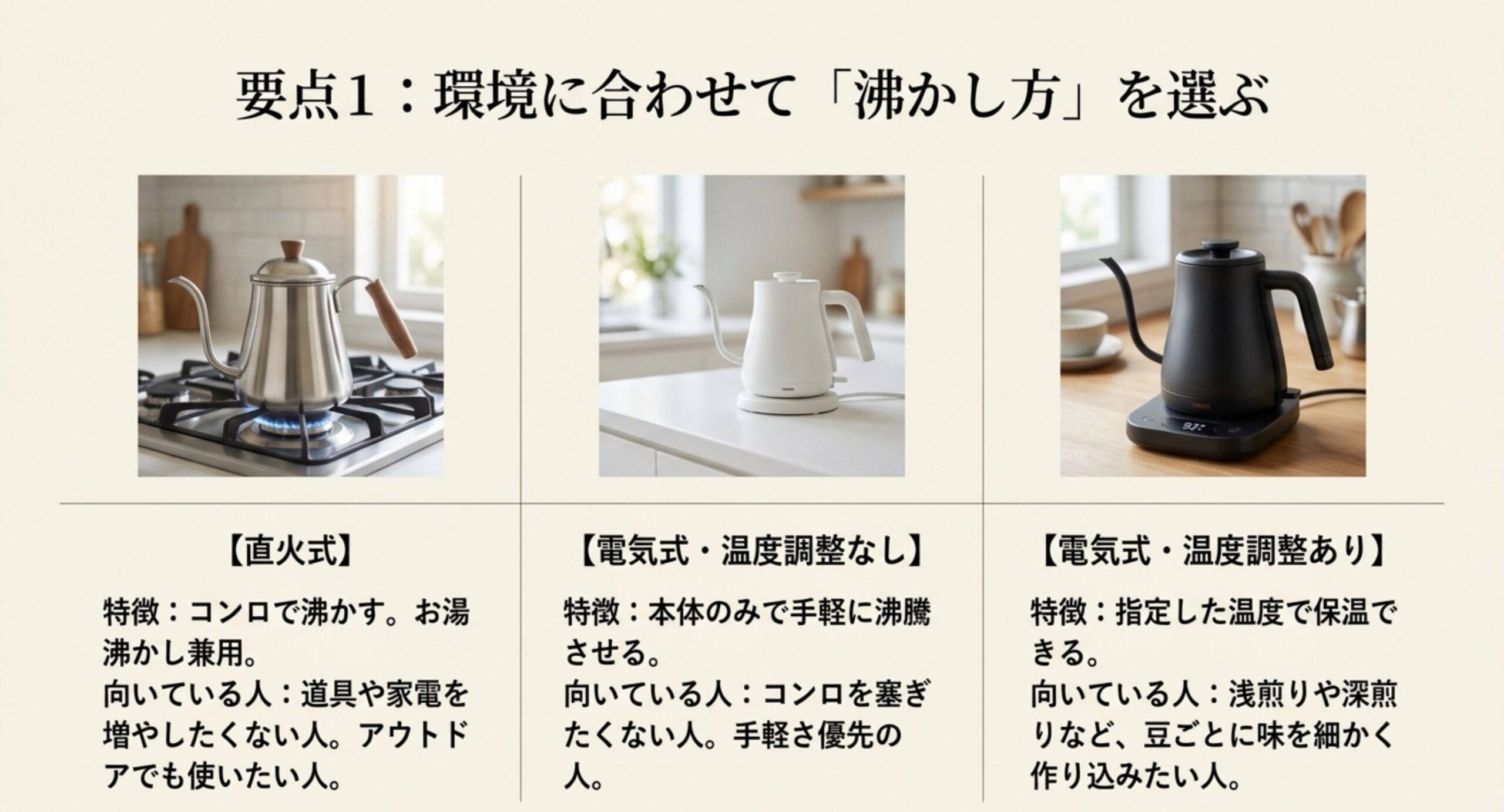 直火式・電気式温度調整なし・電気式温度調整ありの3タイプについて、特徴と向いている人を並べた図