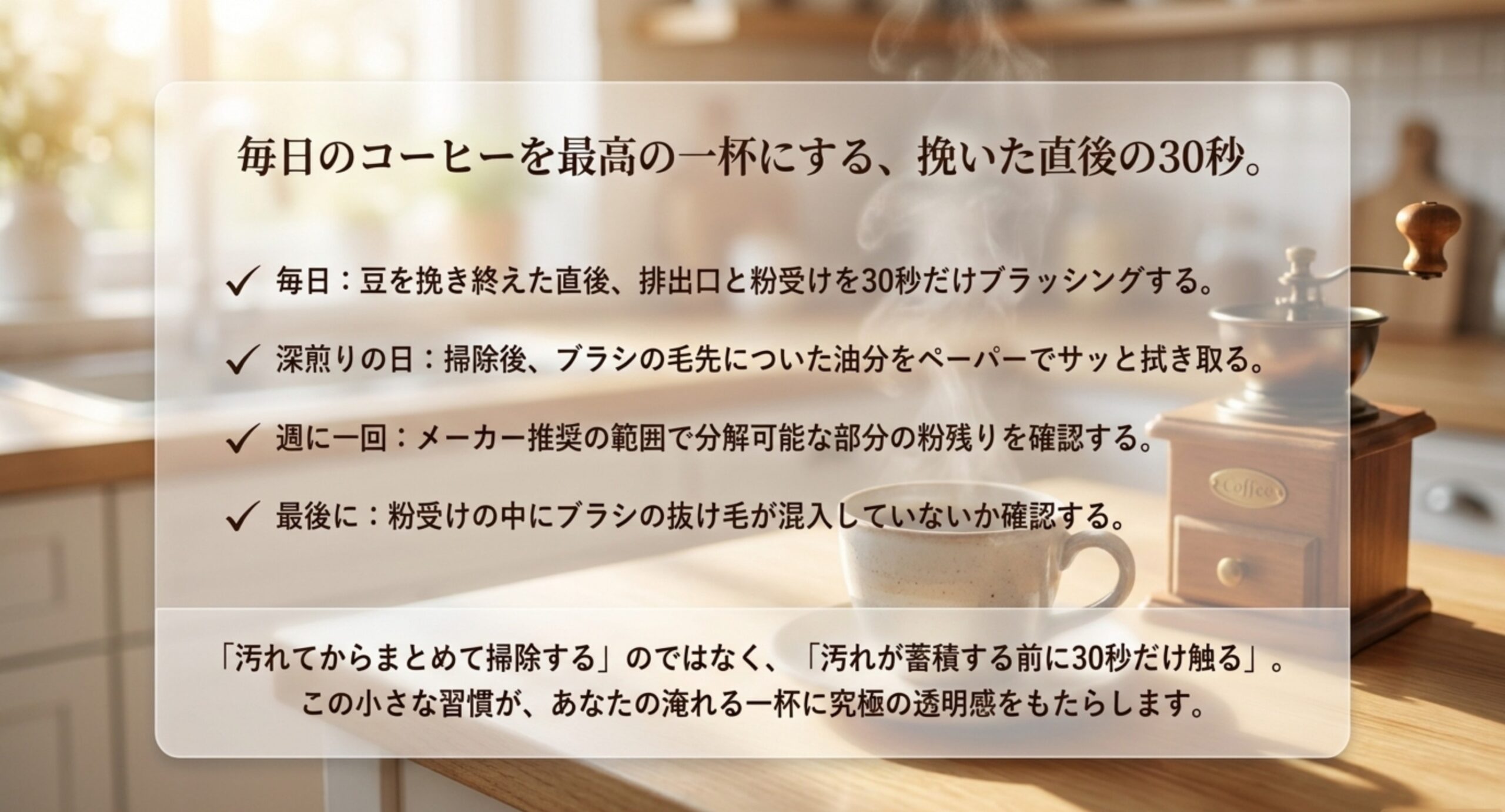 挽いた直後30秒のミル掃除習慣 毎日・深煎りの日・週に一回・最後にという頻度ごとのミル掃除チェック項目を並べたスライド。