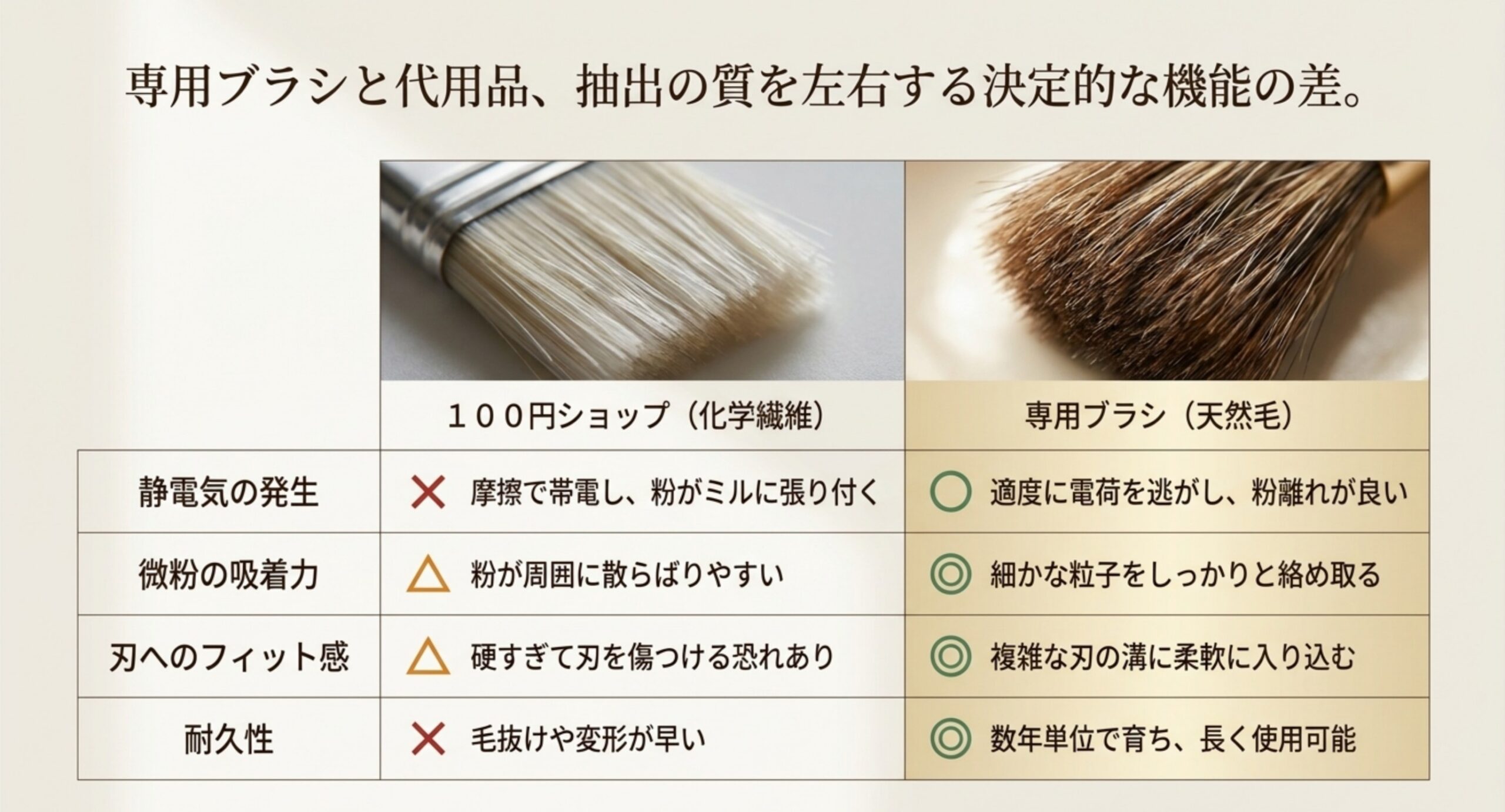 100均ブラシと専用ブラシの機能比較 100円ショップの化学繊維ブラシと専用の天然毛ブラシを、静電気の発生・微粉の吸着力・刃へのフィット感・耐久性の4項目で比較した表のスライド。
