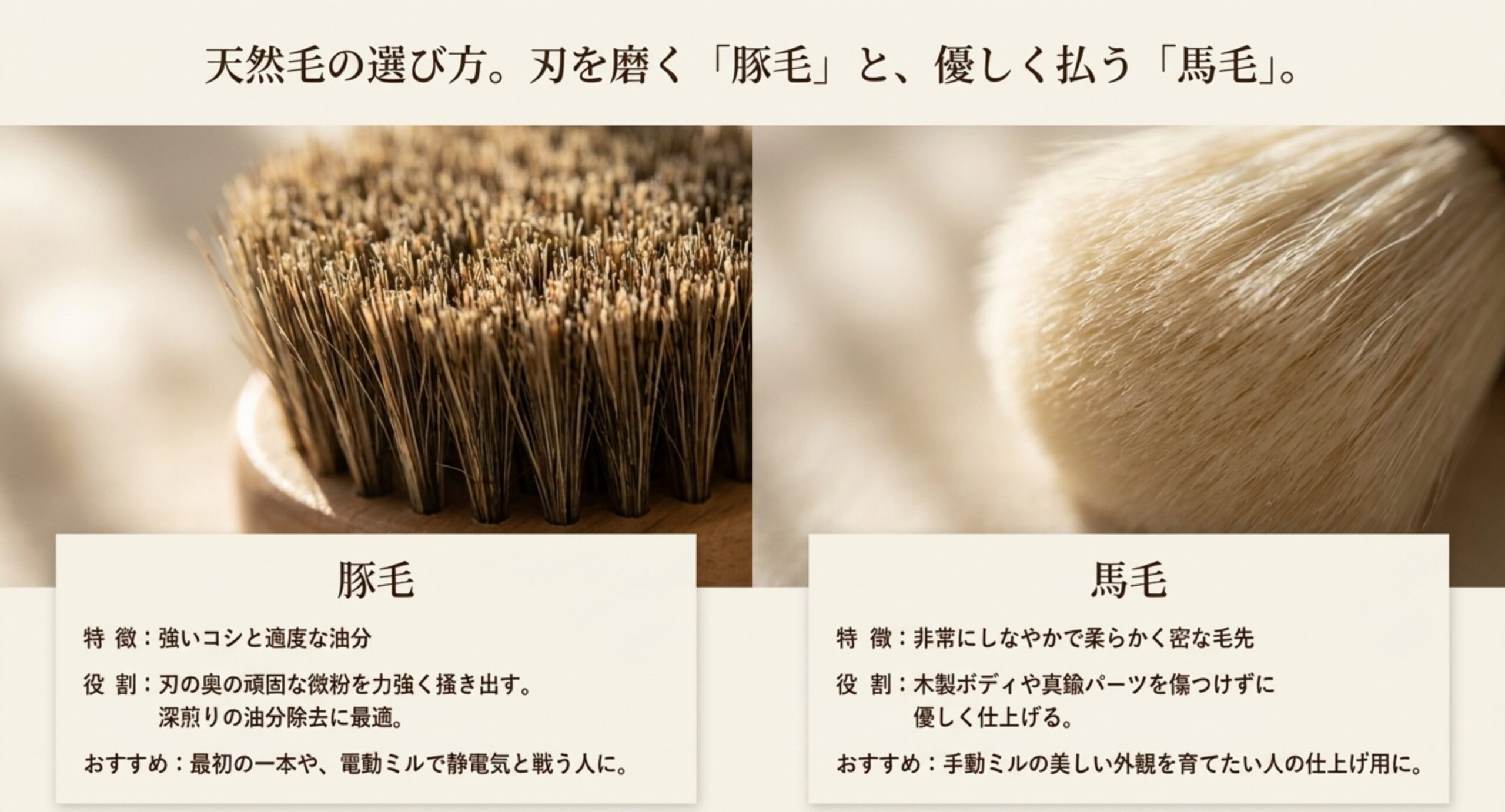 豚毛と馬毛の特徴と使い分け 豚毛と馬毛それぞれの毛の特徴、掃除での役割、向いている使い方を左右に並べて対比したスライド。