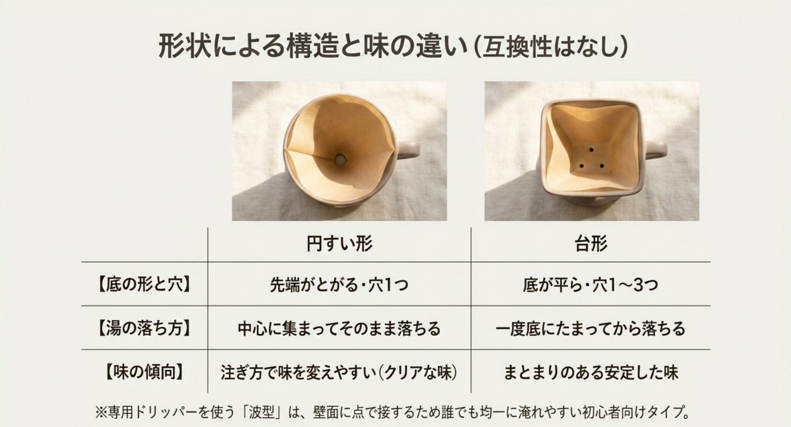 円すい形は穴1つでクリアな味、台形は穴1〜3つで安定した味という、互換性のない2つの形の違いを示した図