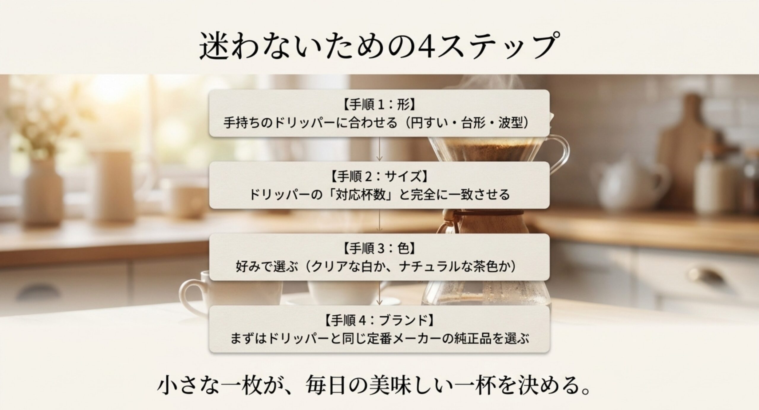 形・サイズ・色・ブランドの順にフィルターを選ぶ4ステップを上から順に並べた図