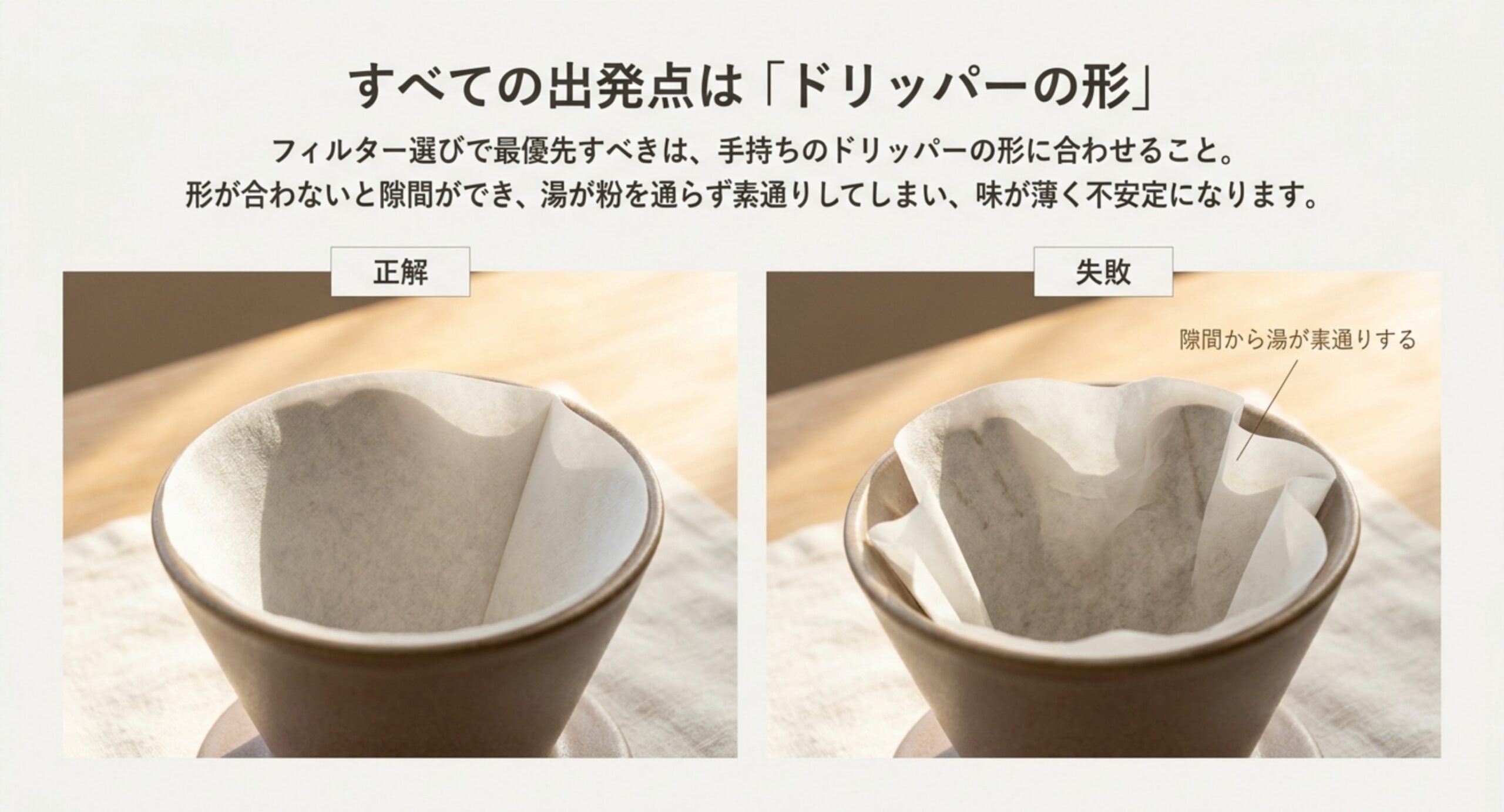 フィルターの形がドリッパーに合った正解の状態と、形が合わずすき間から湯が素通りする失敗の状態を対比した図