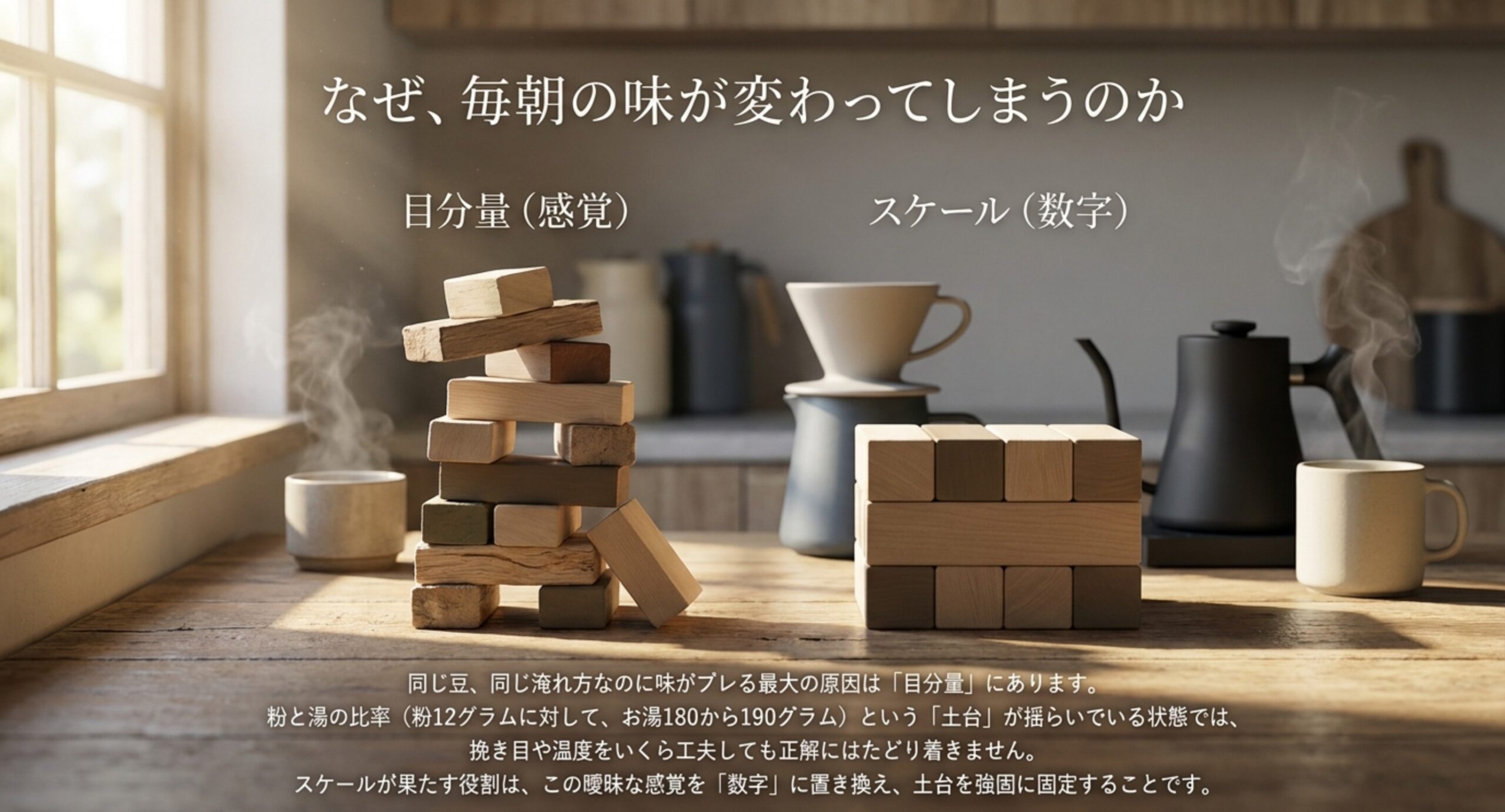 積み木の比喩で、目分量では土台が崩れ、スケールで数字に置き換えると土台が安定することを示した図