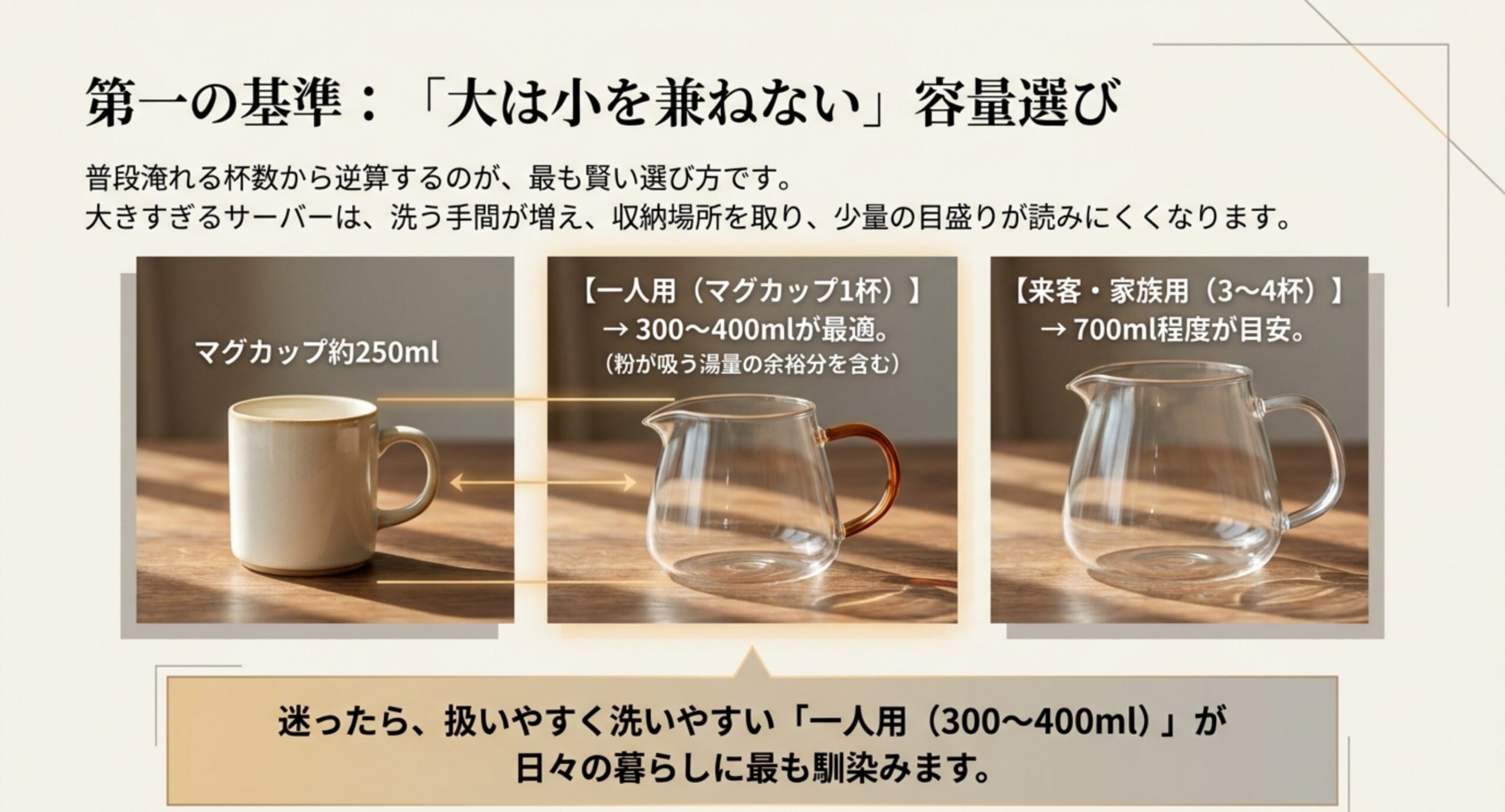 マグカップ約250ml、一人用300〜400ml、来客・家族用700mlという杯数別の容量の目安を並べた図
