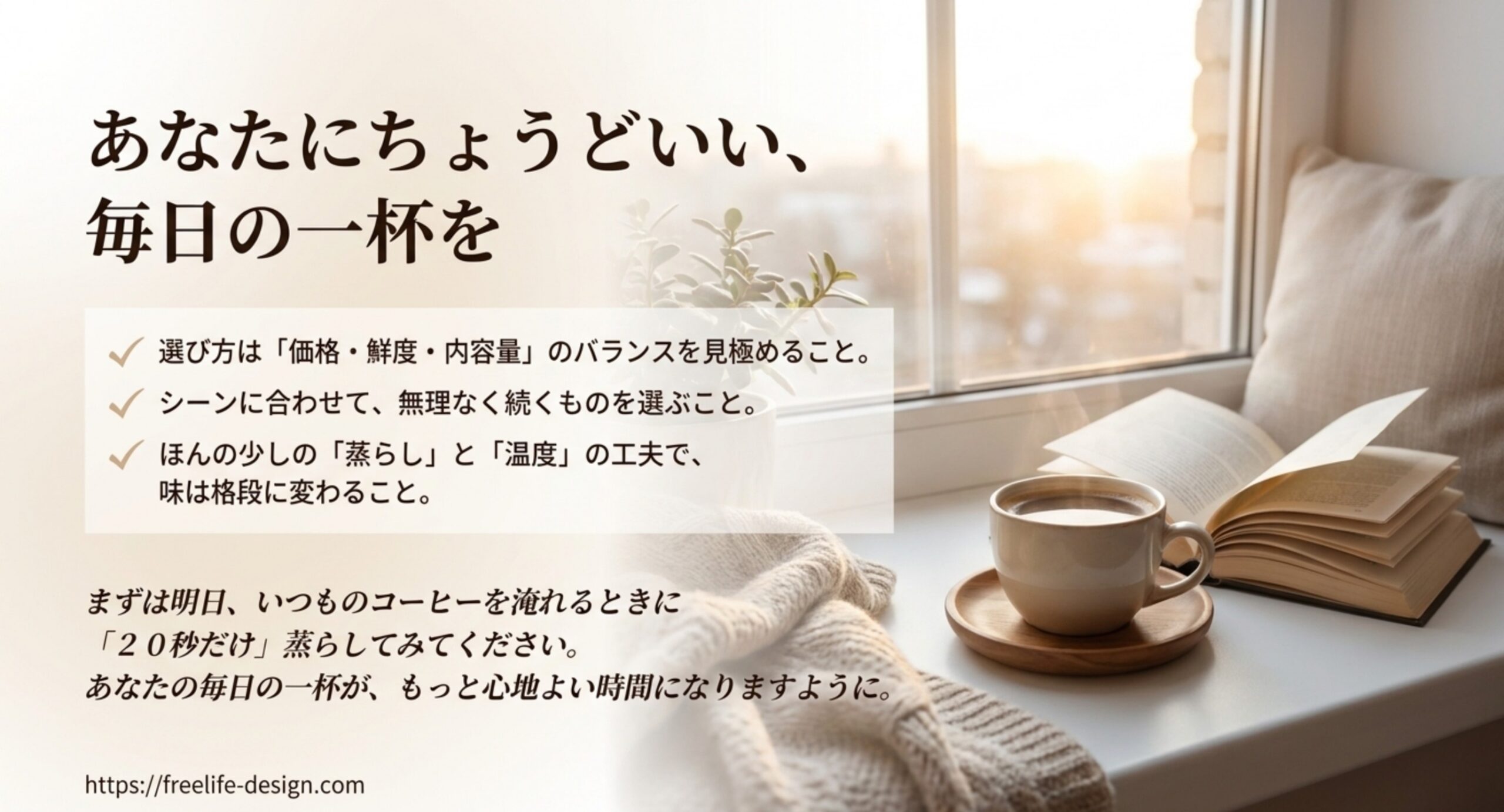 価格・鮮度・内容量とシーンで選び、蒸らしと温度を工夫するという記事の要点をまとめたスライド