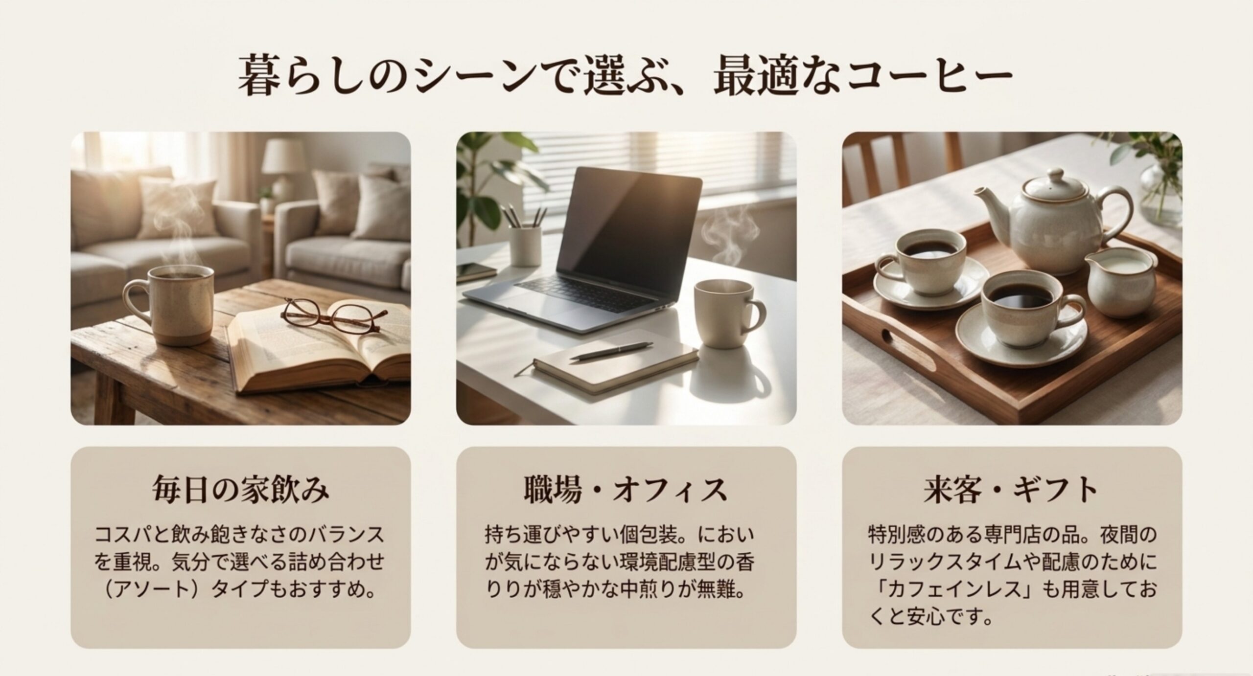 毎日の家飲み・職場オフィス・来客ギフトの3シーン別にドリップバッグの選び方を示したスライド